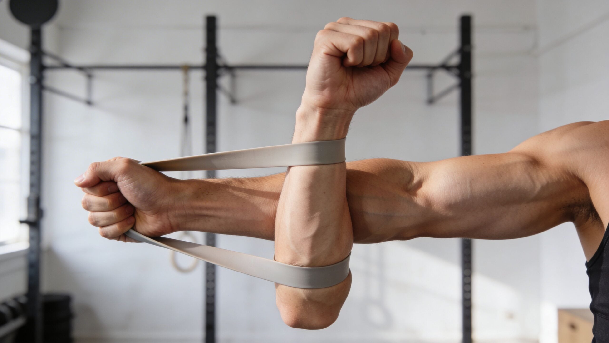 A close-up view of an athlete using a resistance band for elbow rehabilitation and strengthening exercises.