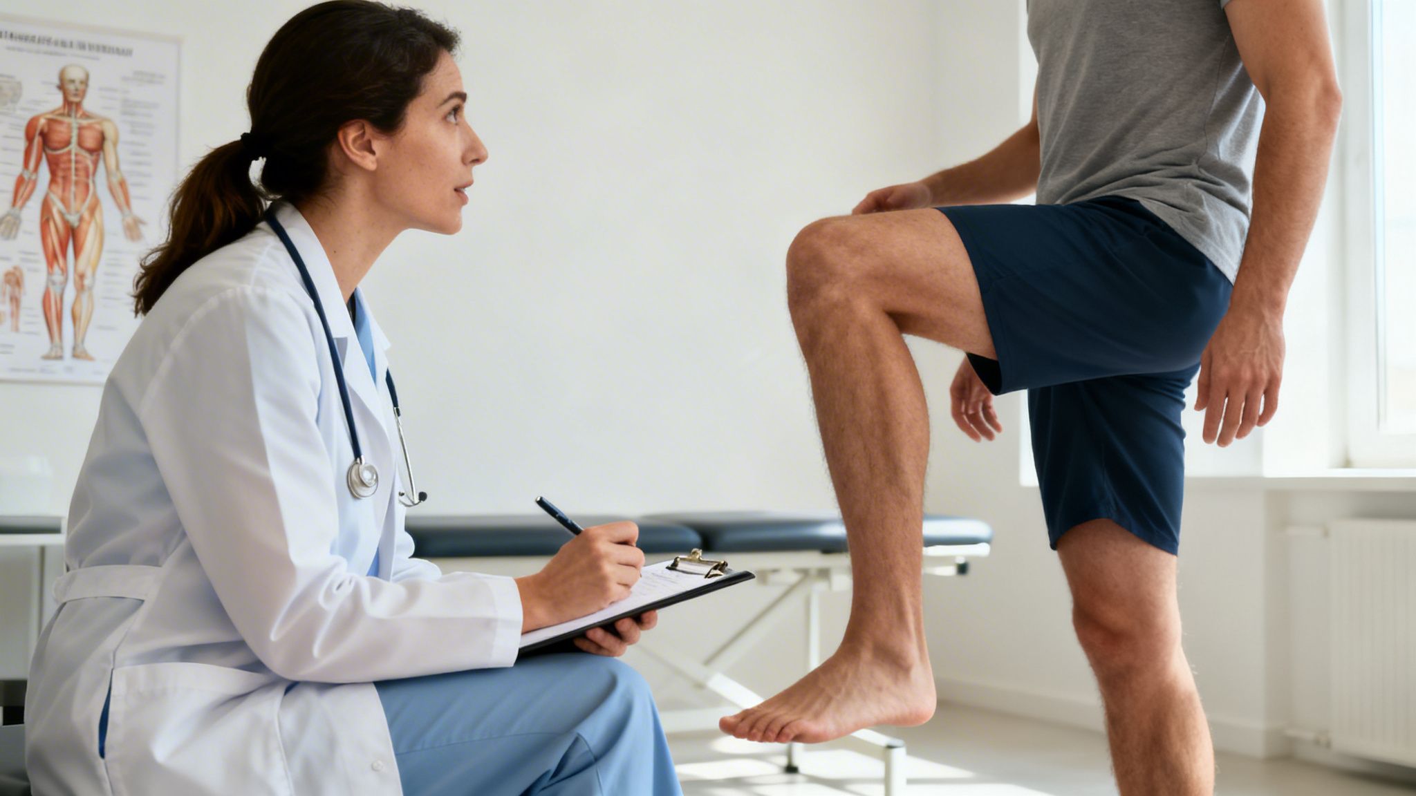 A female doctor observes a male patient performing a leg exercise during a physical therapy session.