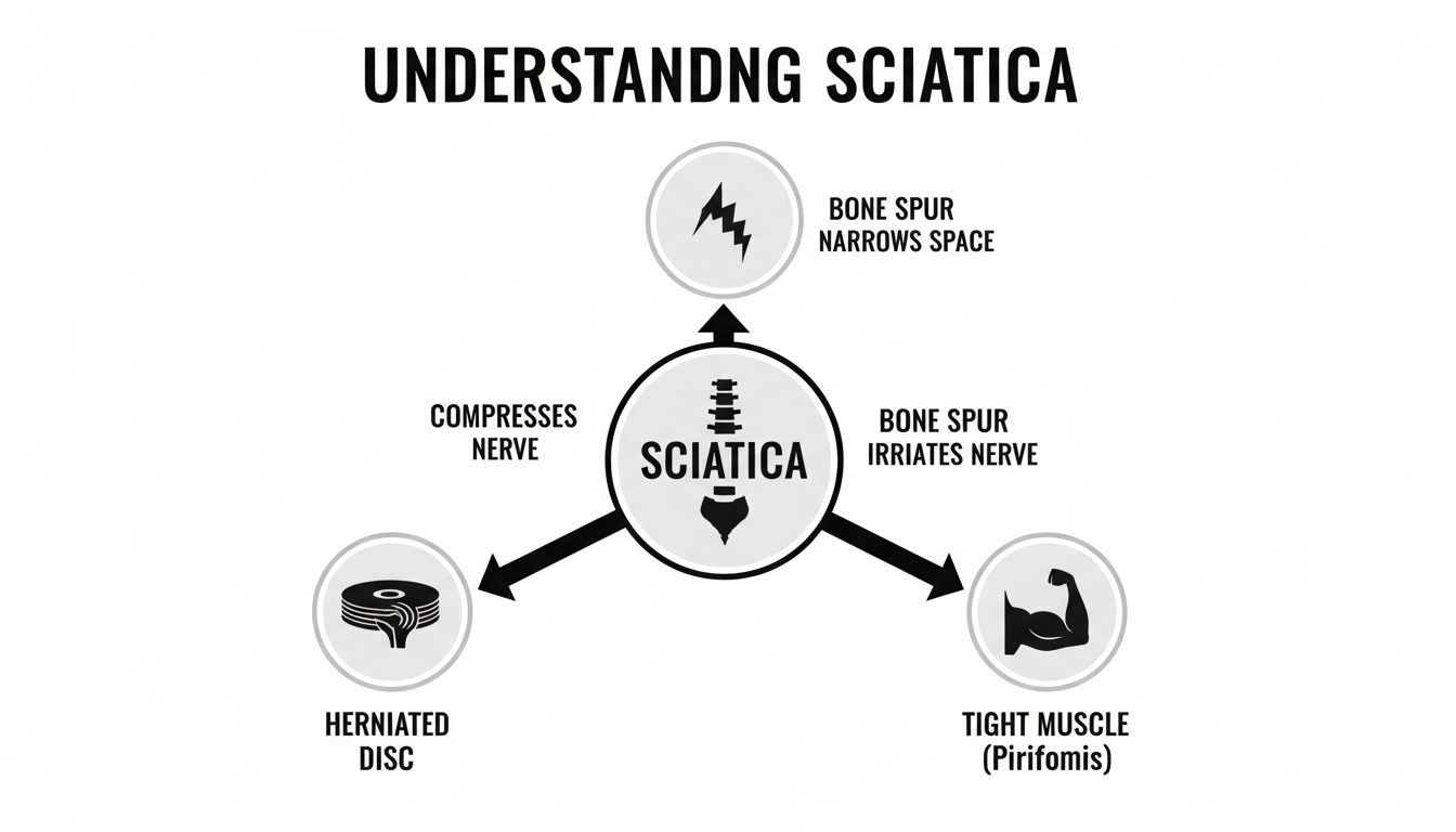 Diagram illustrating the three main causes of sciatica: bone spur, herniated disc, and tight muscle.