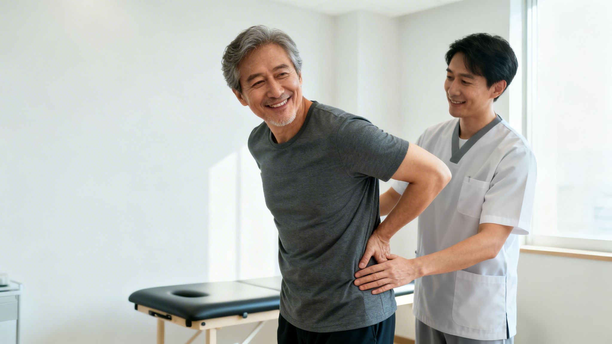 Smiling elderly man with back pain receiving physical therapy from a male therapist.