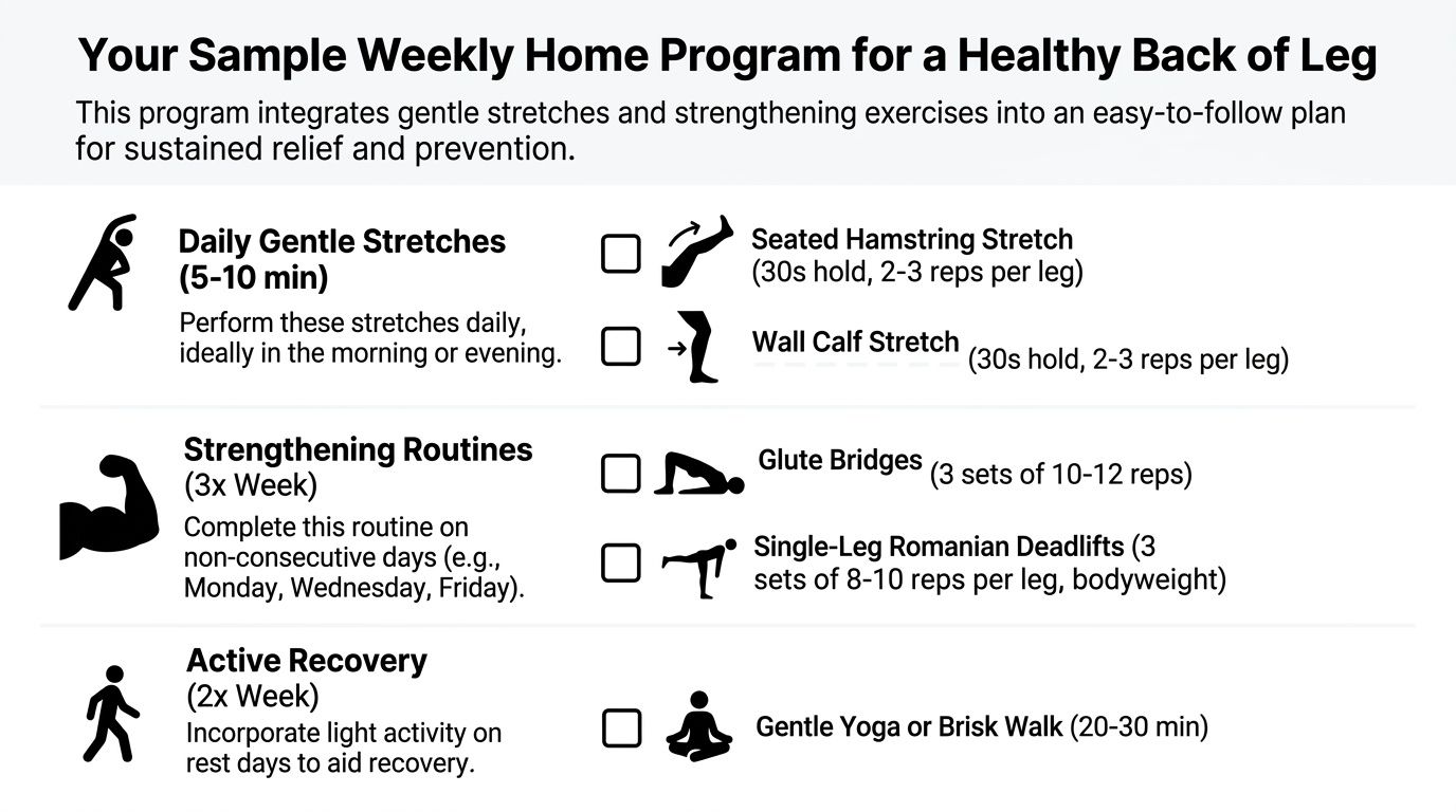 A weekly home exercise program for back of leg health featuring daily stretches, strengthening routines, and recovery.