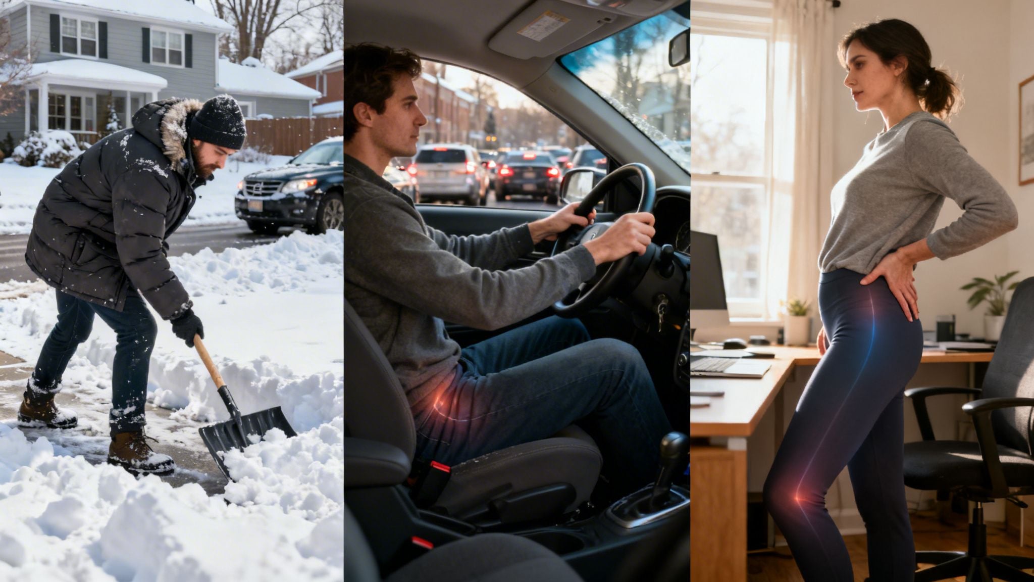 Collage showing a man shoveling snow, driving a car, and a woman experiencing hip and knee pain.