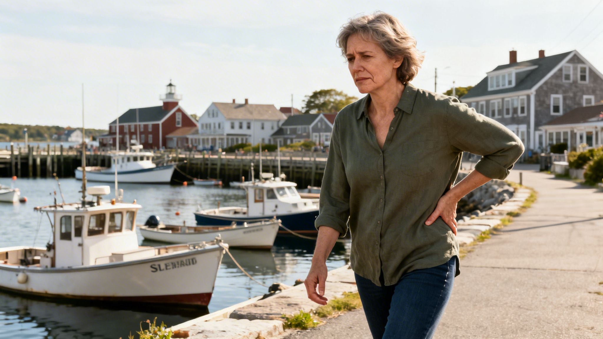 A woman walks along a scenic harbor path while holding her hip due to suspected hip flexor pain.
