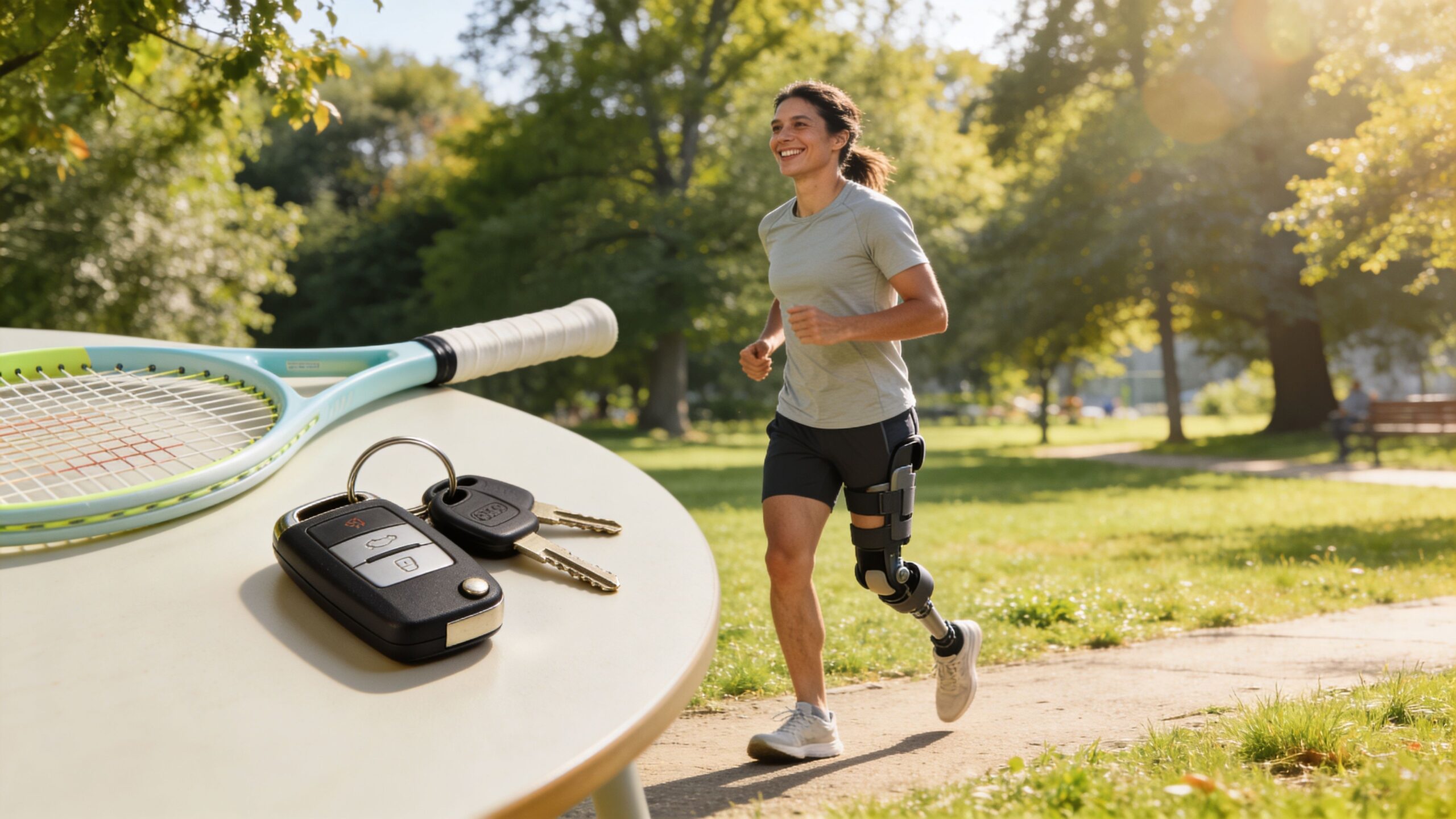 A happy athlete with a prosthetic leg running through a park near a table with car keys.