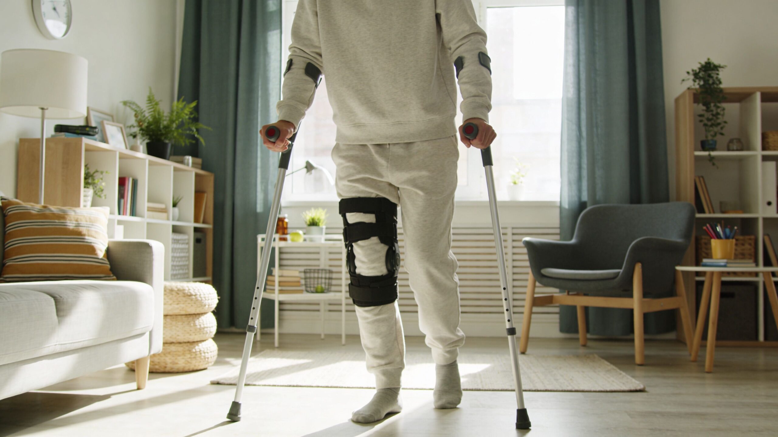 A person in comfortable loungewear uses medical crutches to walk across their living room while wearing a knee brace.