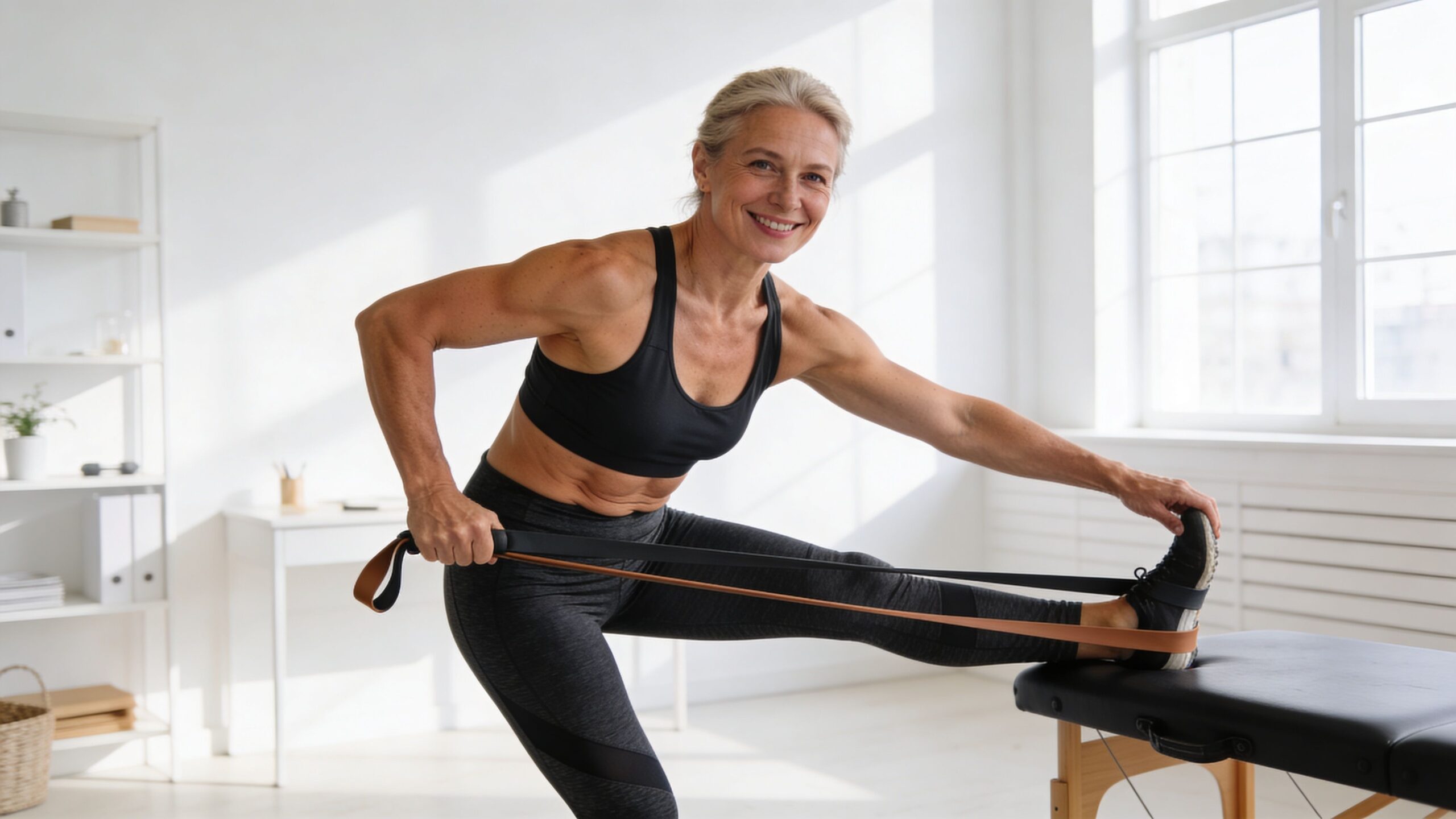 A fit, mature woman performing a stretching exercise using a resistance band in a bright studio.