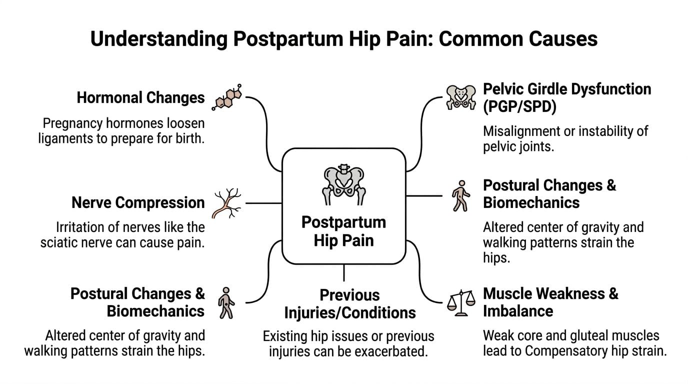 An infographic titled Understanding Postpartum Hip Pain listing common causes like hormonal changes, nerve compression, and muscle weakness.