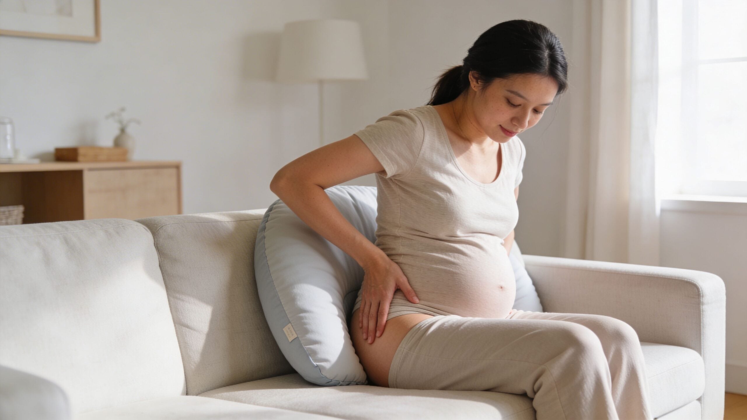 A pregnant woman sitting on a white sofa and holding her hip due to pain and discomfort.
