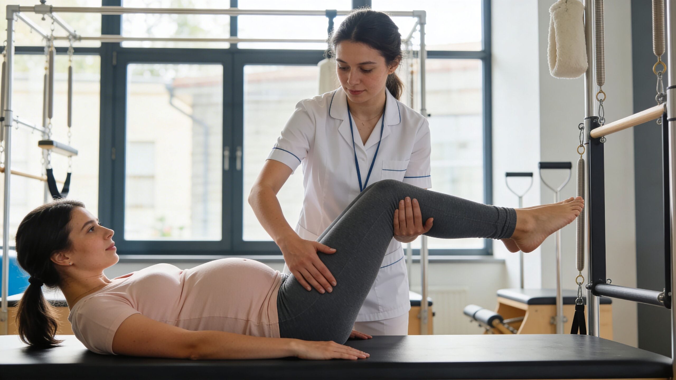 A pregnant woman receiving professional physical therapy for her hips while lying on a reformer pilates bed.