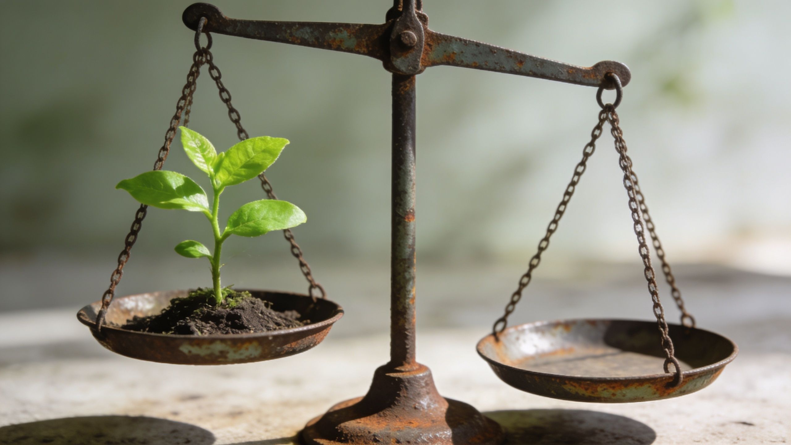 A small green plant growing in soil on one side of a vintage rusty metal balance scale.