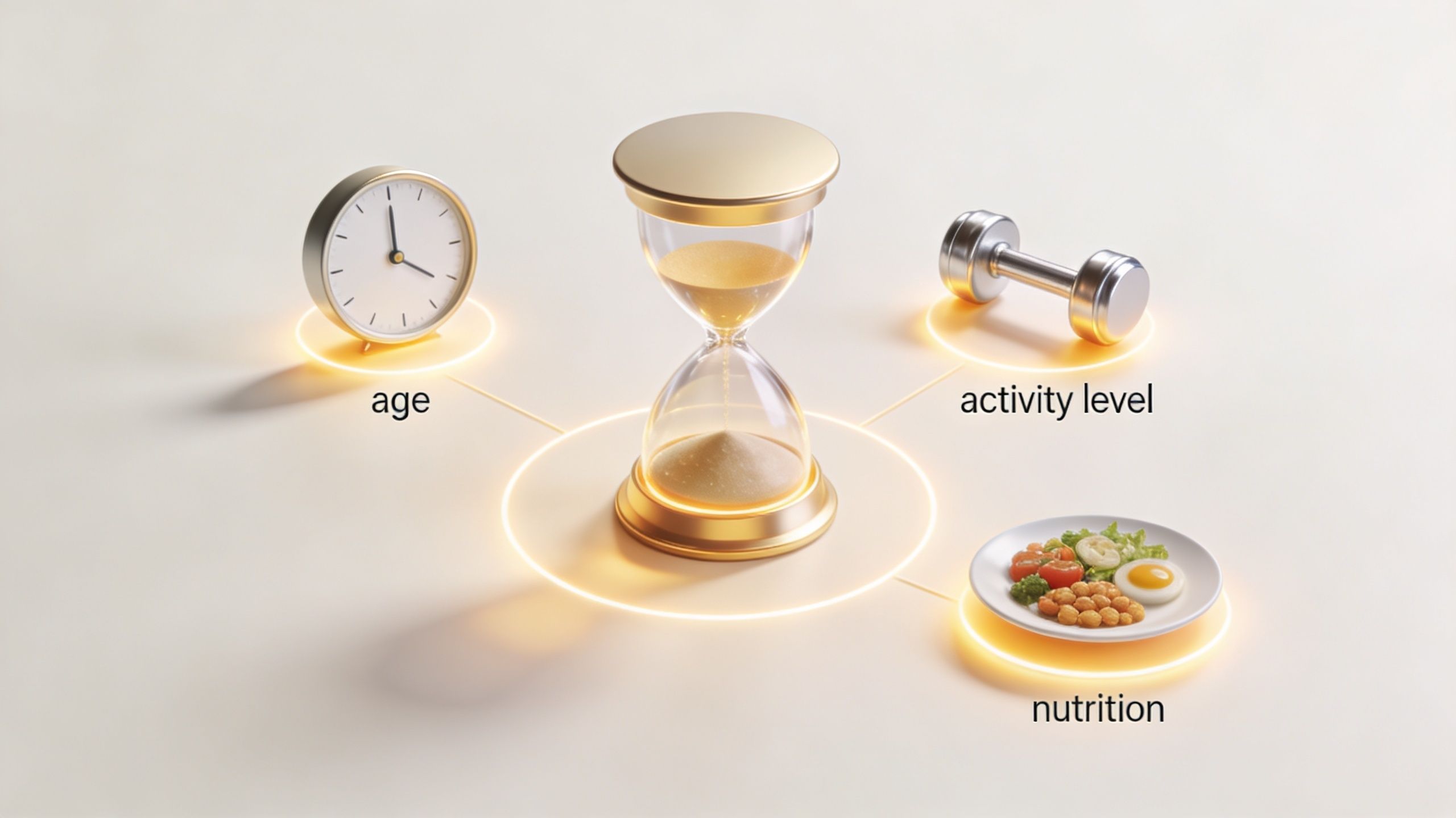 A conceptual 3D illustration showing age, activity level, and nutrition linked to a central hourglass.
