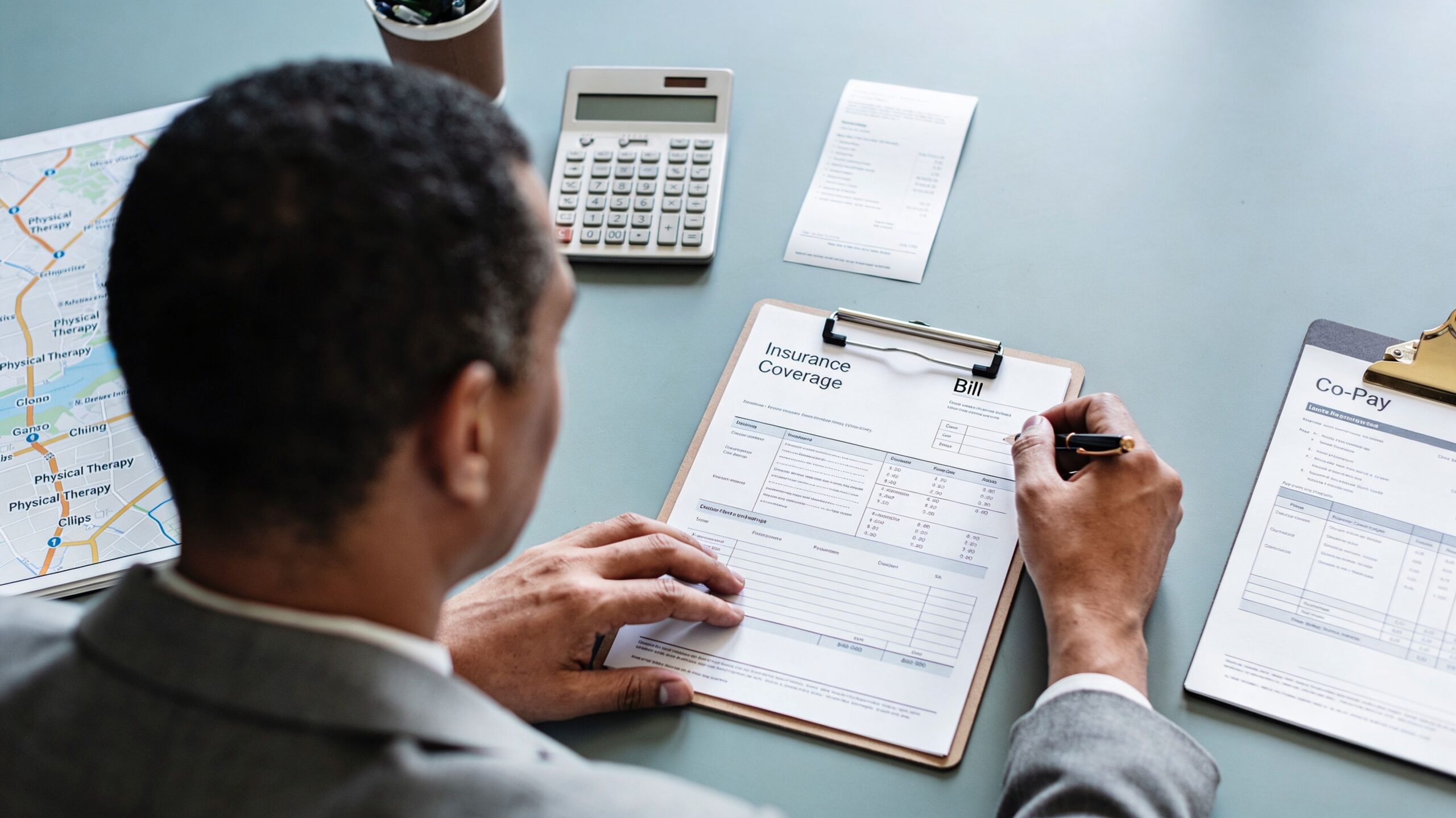 A professional analyzing medical insurance coverage and billing documents at a desk in an office.