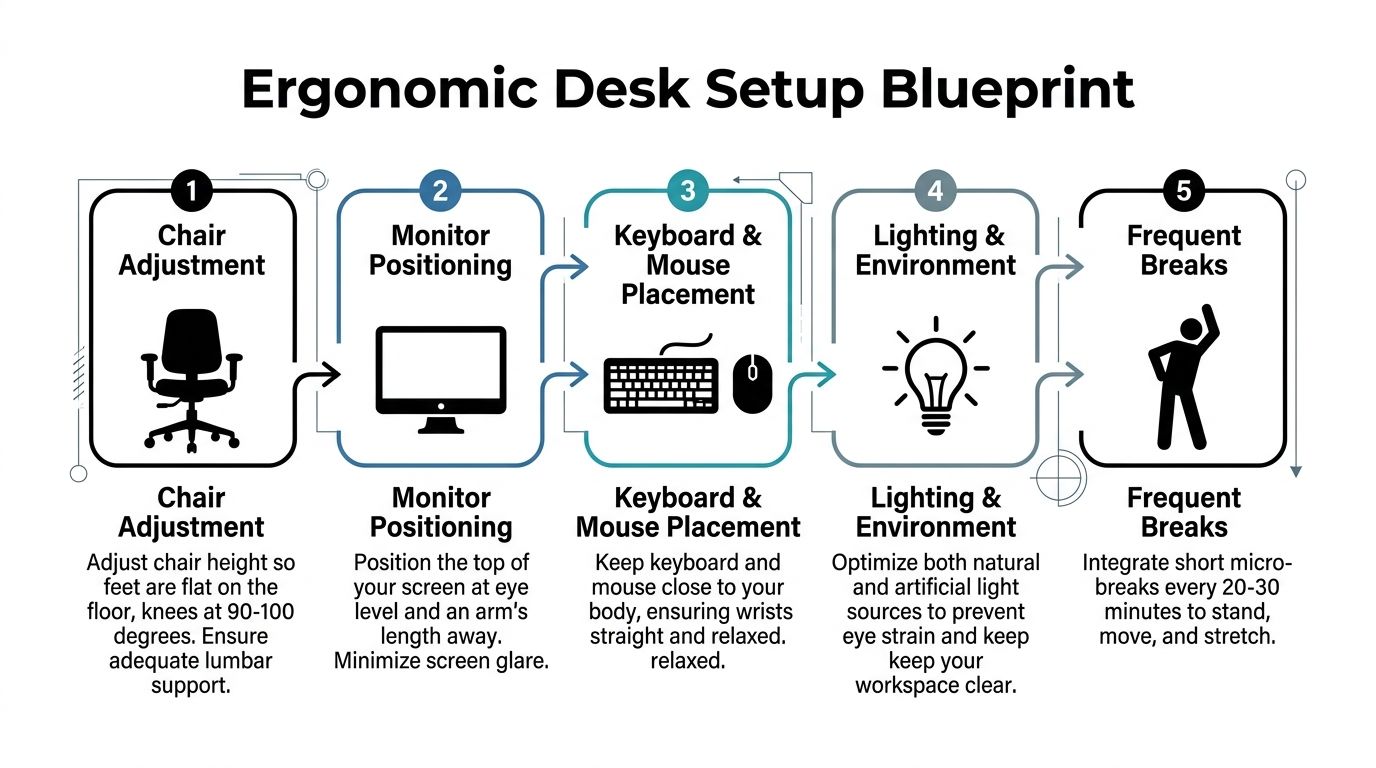 An infographic illustrating five essential steps for creating an ergonomic desk setup to improve workplace comfort.