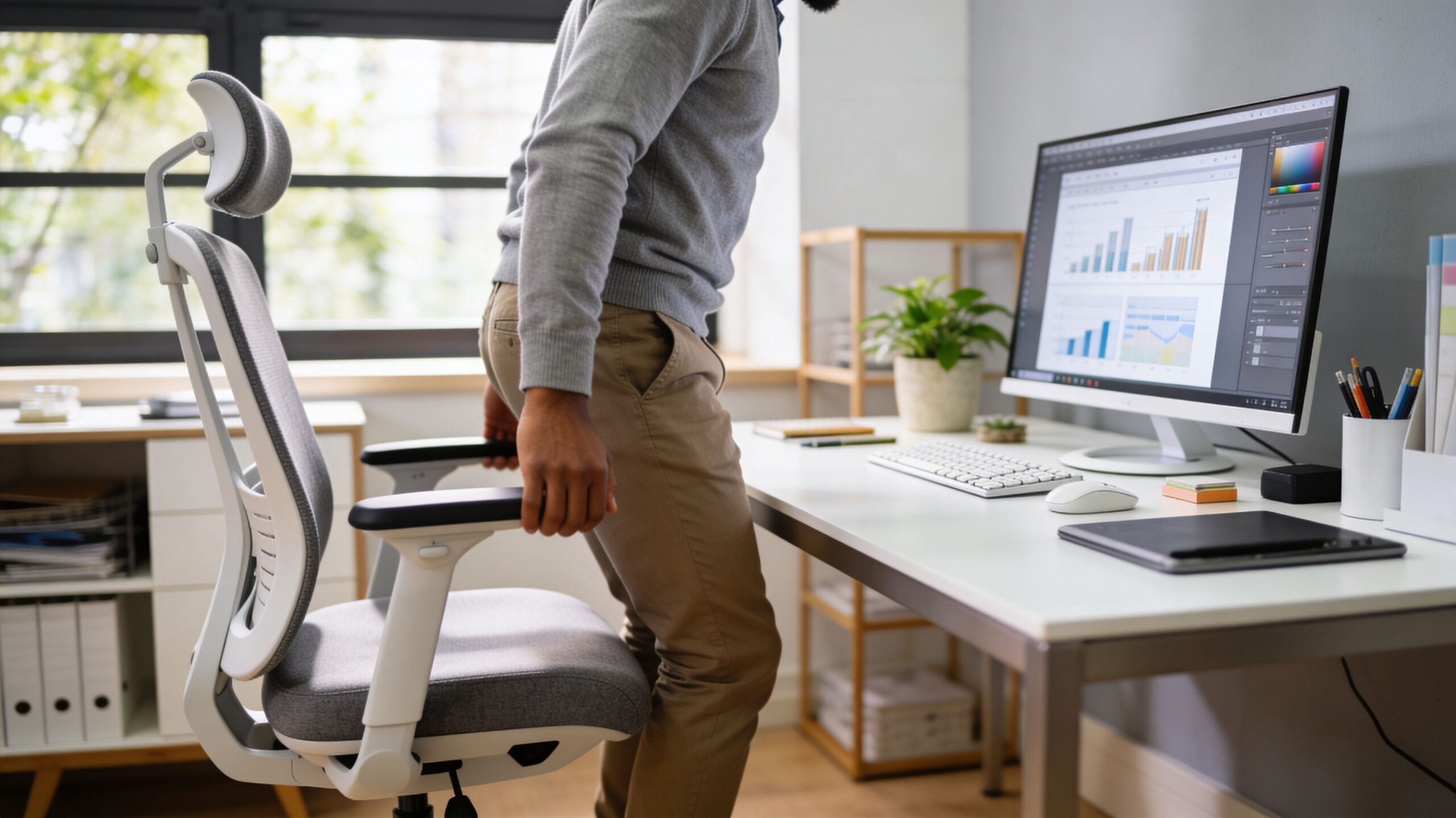 A professional man adjusting his ergonomic office chair to improve his sitting posture while working at home.