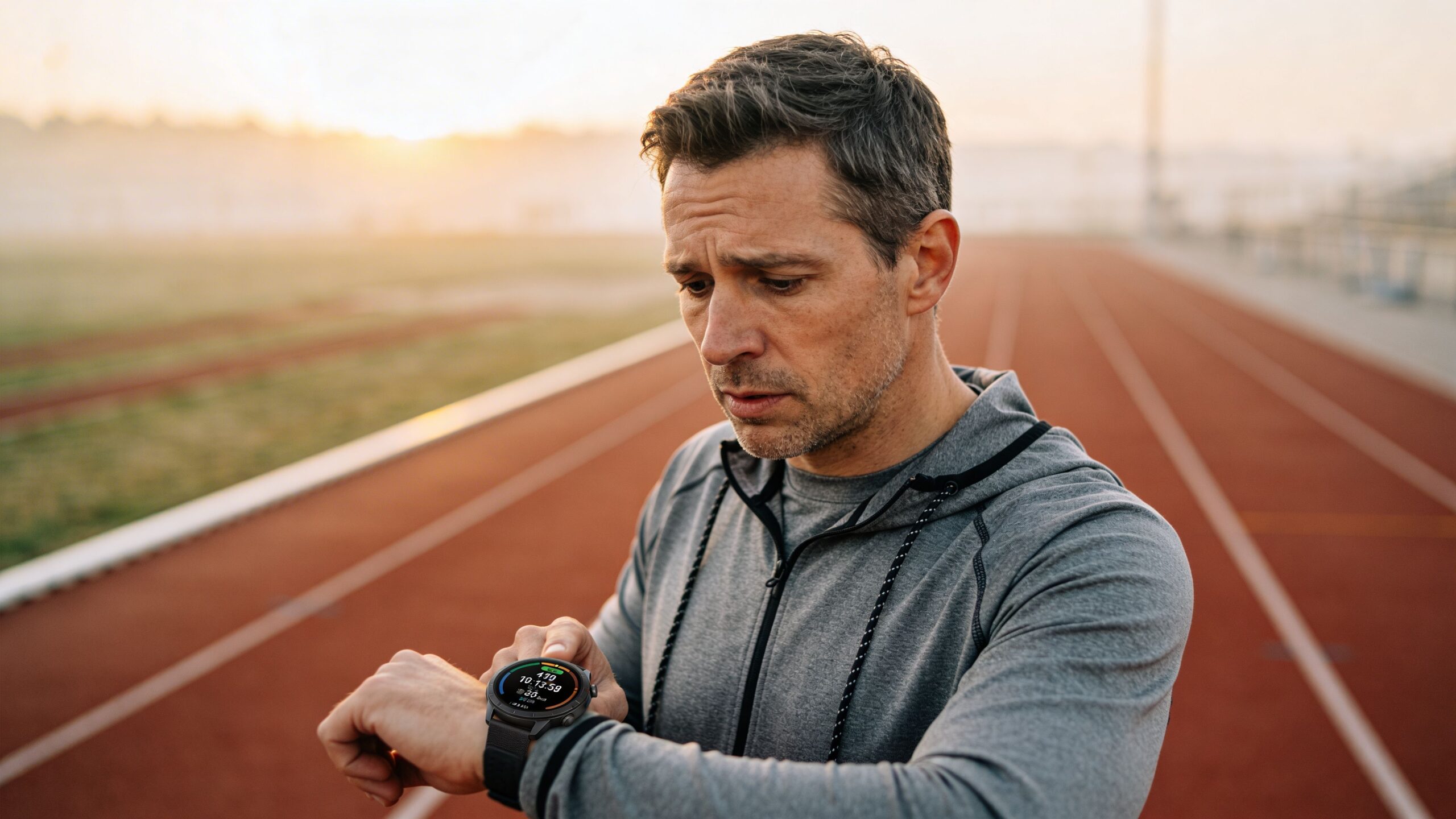 A focused man wearing a grey hoodie checking his fitness watch while standing on a running track.