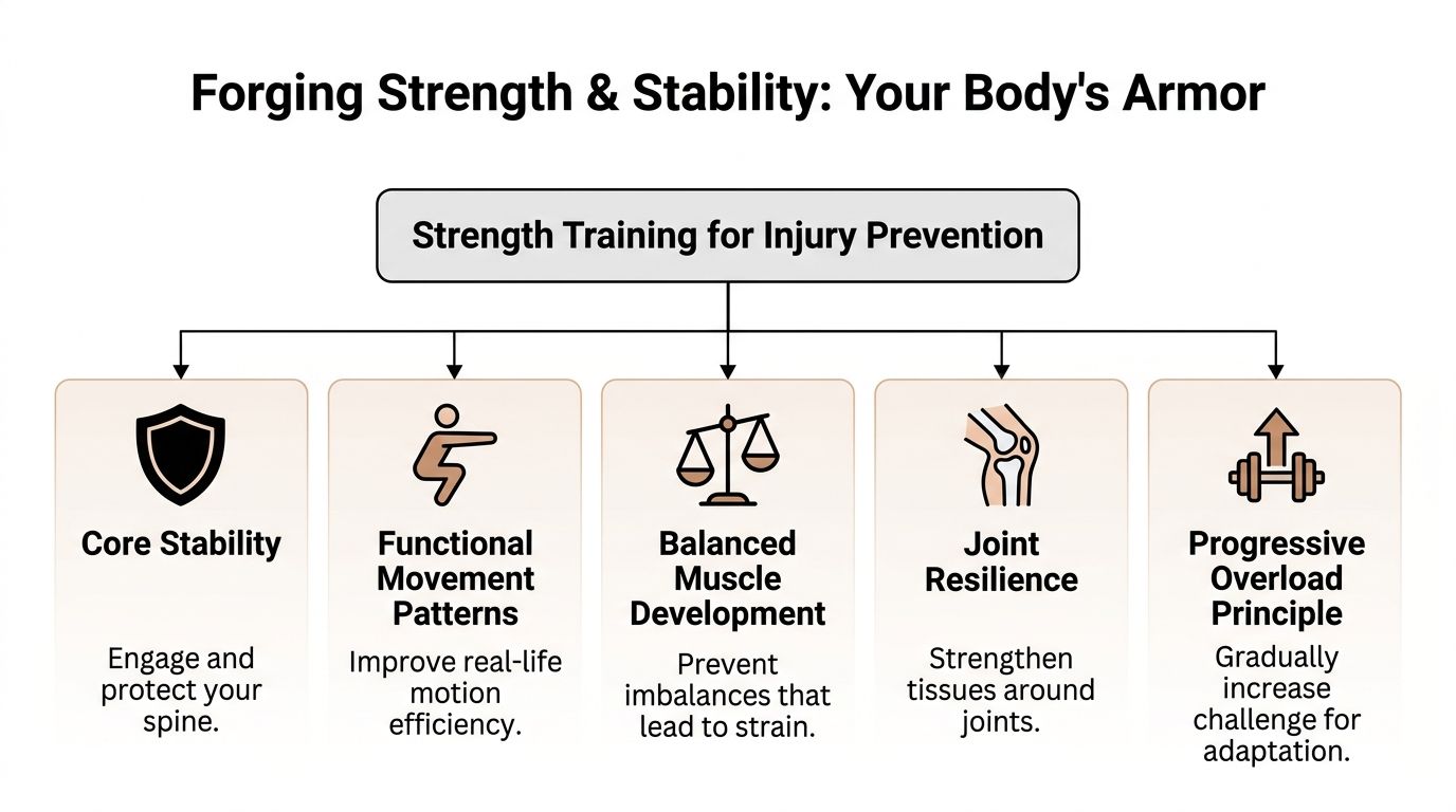 A diagram illustrating five key principles of strength training for injury prevention, including core, movement, and balance.