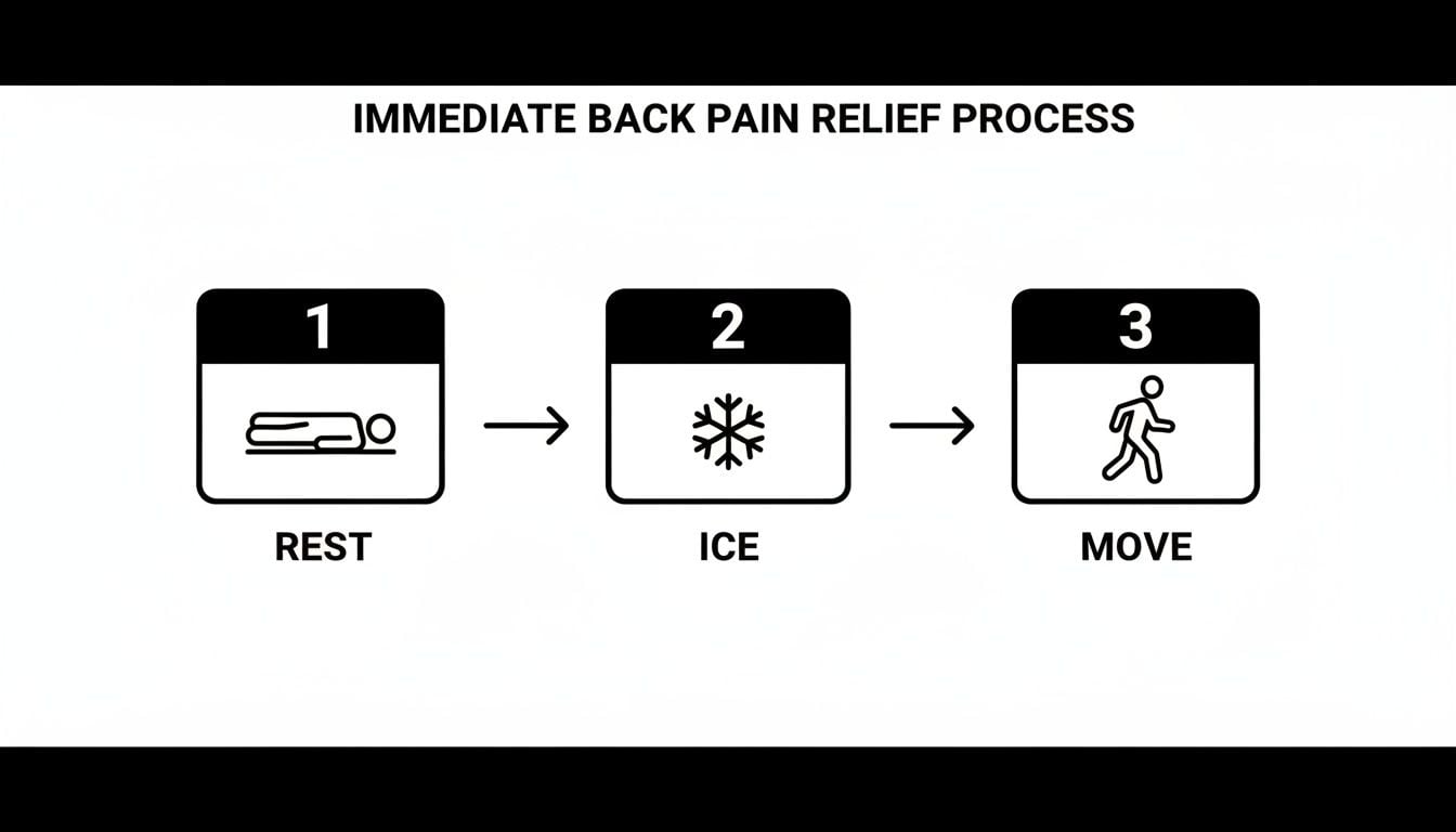 A diagram illustrates a 3-step immediate back pain relief process: Rest, Ice, then Move.