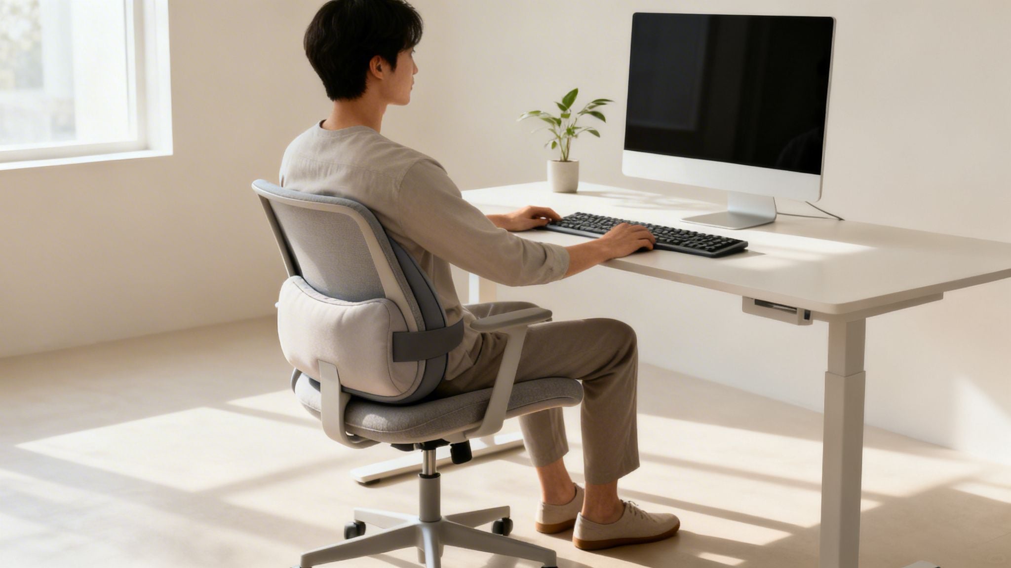 A man sits in an ergonomic office chair with lumbar support, using a computer at a desk.