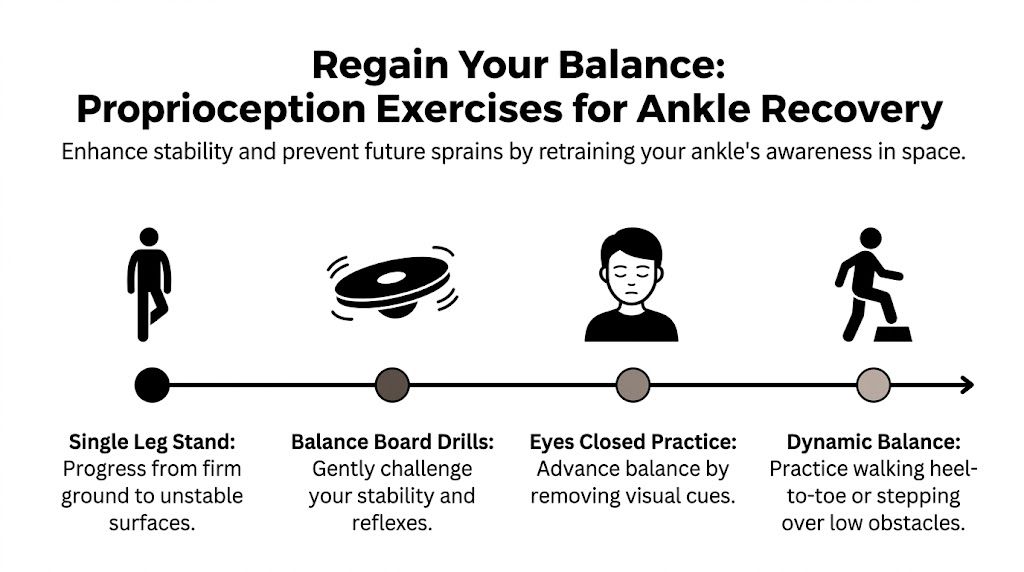 A visual guide showing four progression exercises to improve ankle proprioception and balance after an injury.