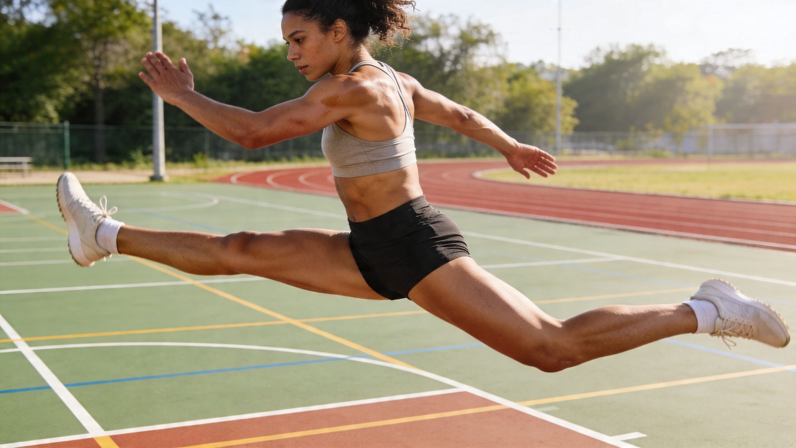 A female athlete performing an athletic jump on a sports court to build strength and agility.