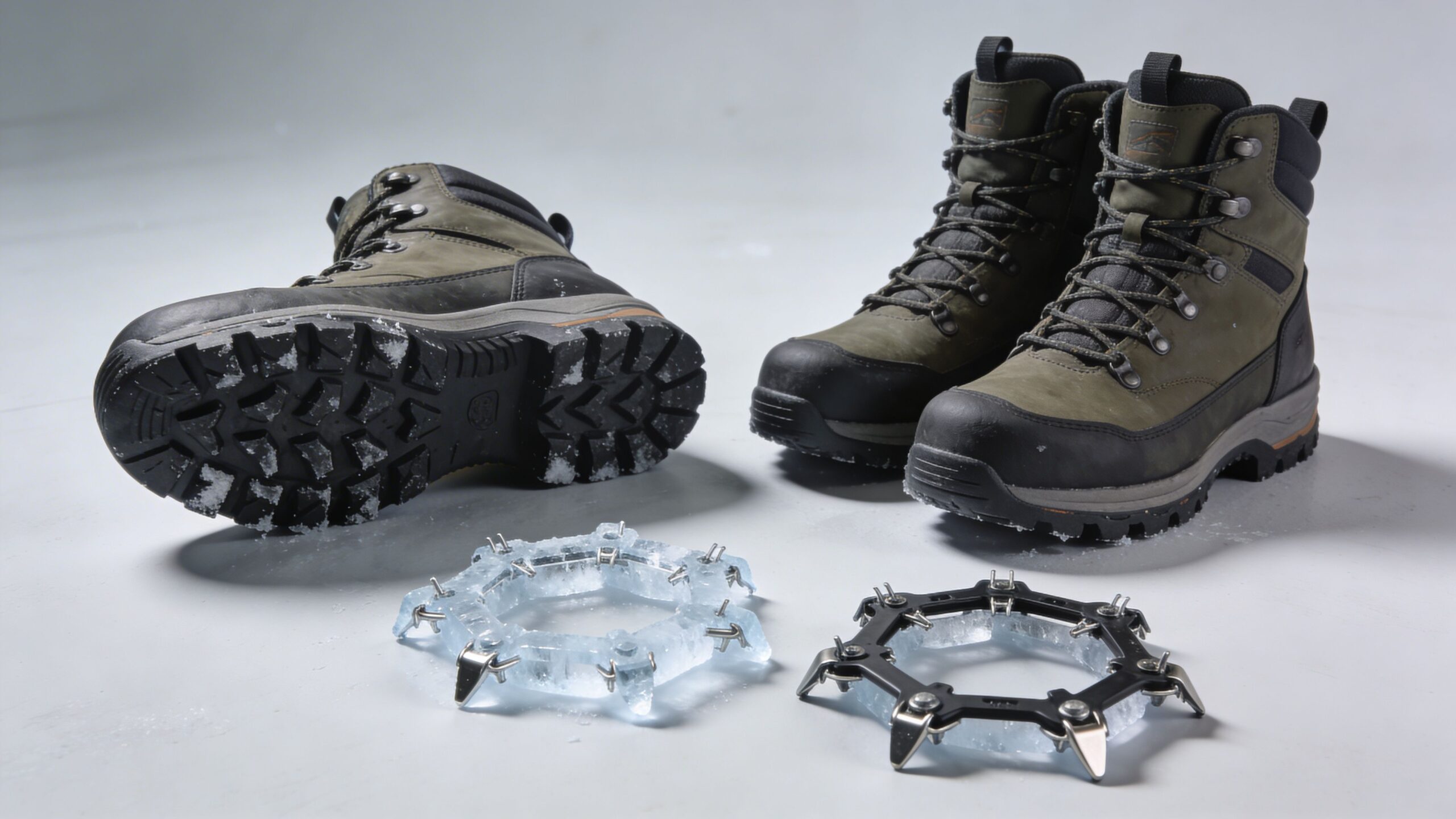 A pair of hiking boots with ice cleats and ice attachments resting on a light grey background.