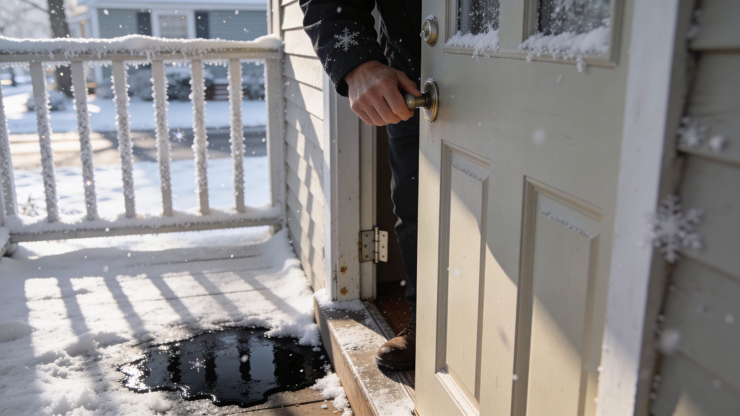 A person opening a front door while snow falls outside onto a snowy porch.