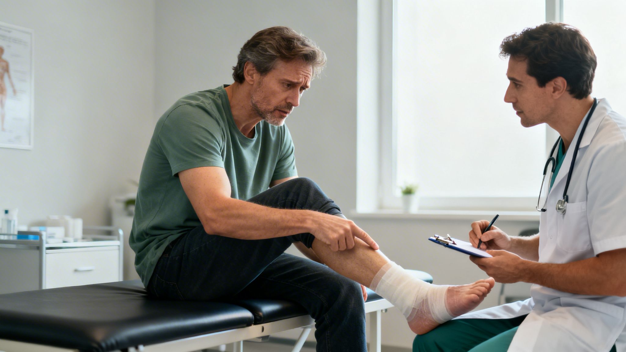 A male patient with a bandaged leg points to his injury while consulting a doctor in a clinic.