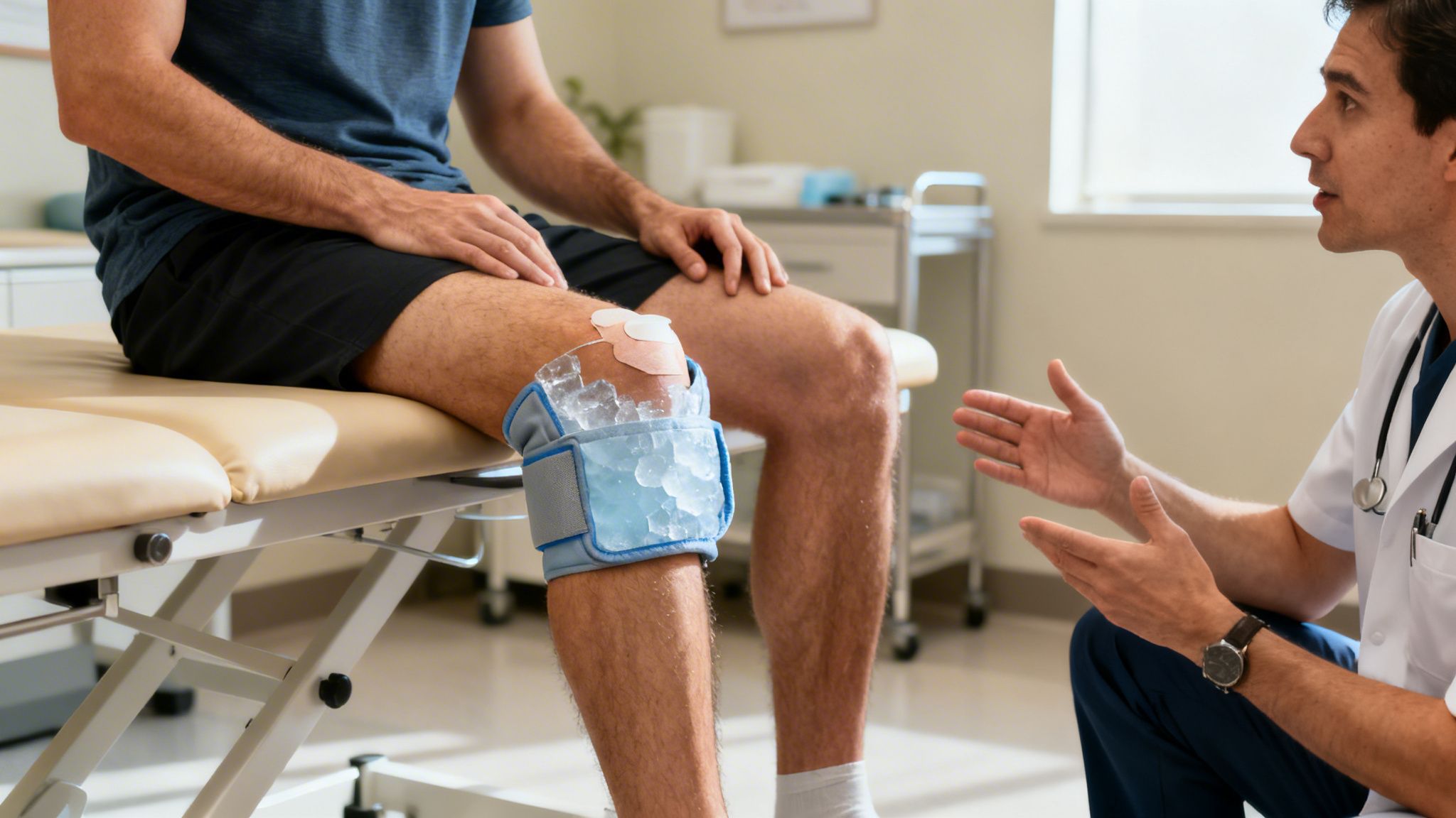 Patient with an ice pack on his knee consults a doctor in a clinic for physical therapy.