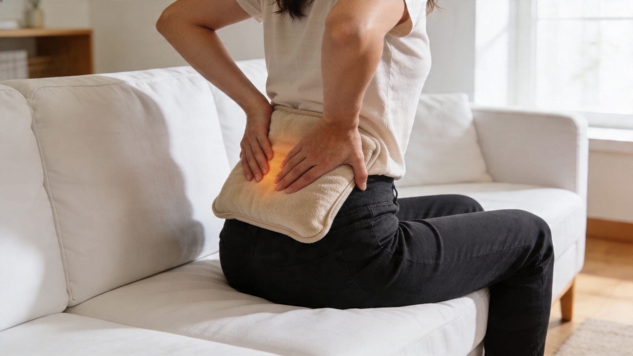 A person sitting on a white sofa using a beige heating pad on their lower back.