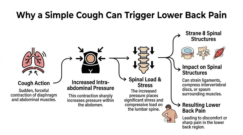 A diagram illustrating how coughing causes increased abdominal pressure leading to lower back pain and stress.