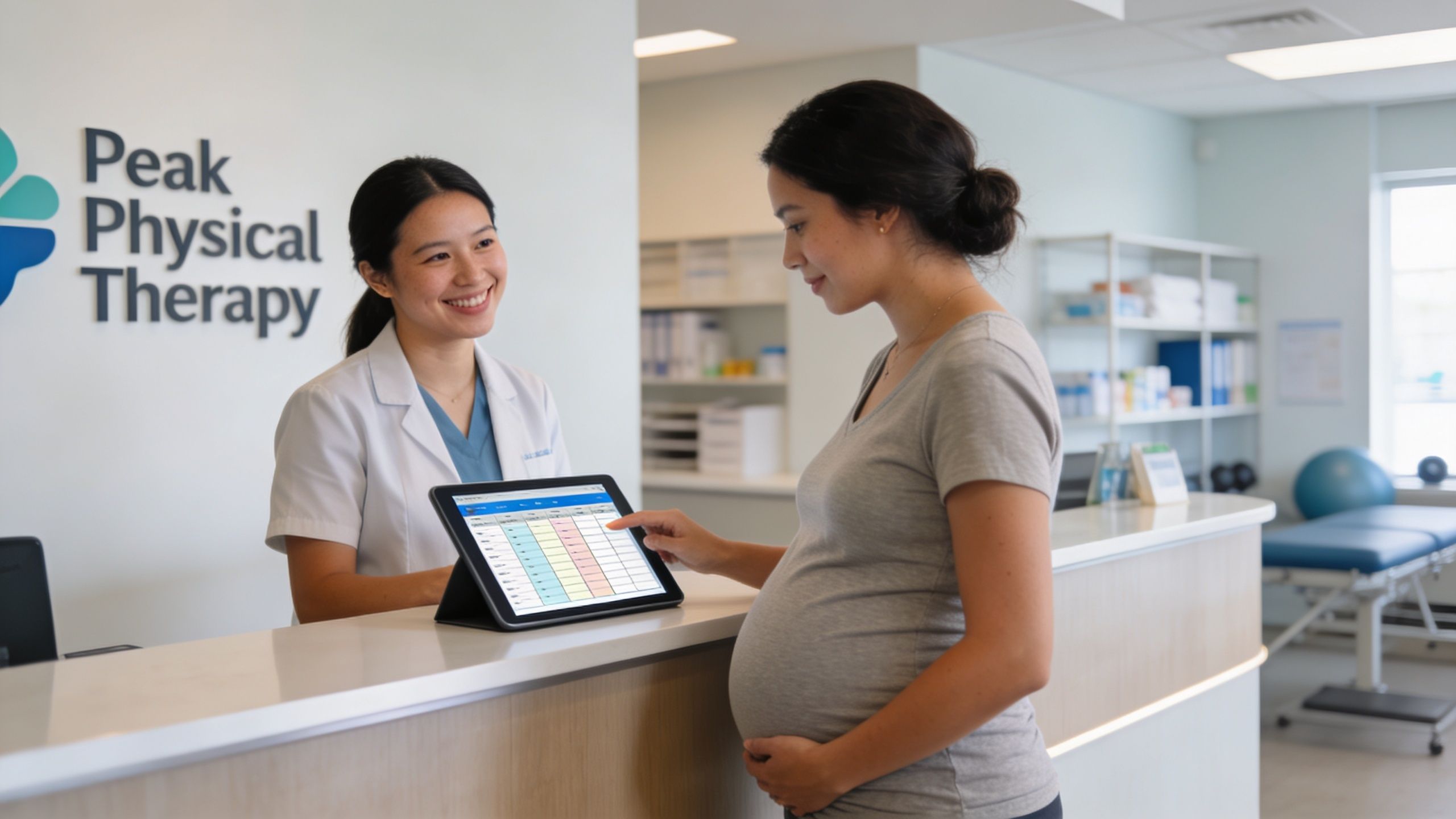 A pregnant woman checking in for her appointment with a physical therapist at a medical office front desk.