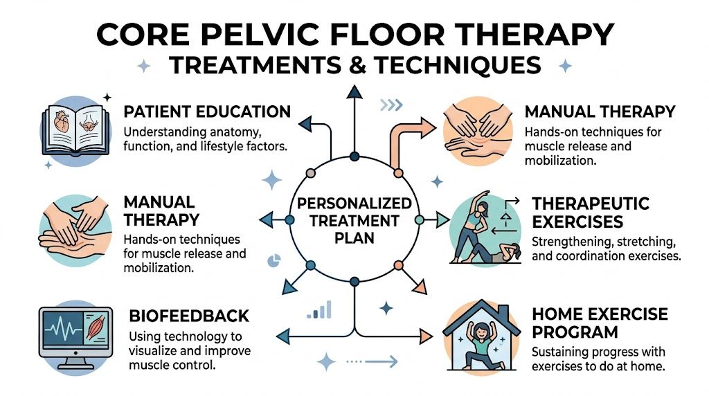 A diagram outlining core pelvic floor therapy treatments including education, manual therapy, biofeedback, exercises, and home programs.