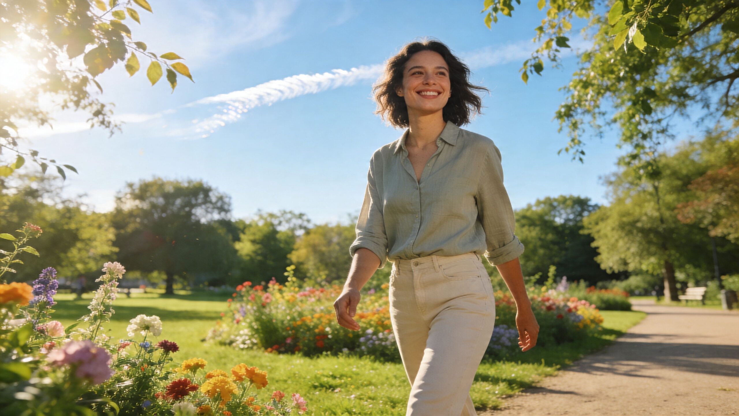 A happy woman walking through a sunny garden, representing health and wellness for pelvic floor therapy.