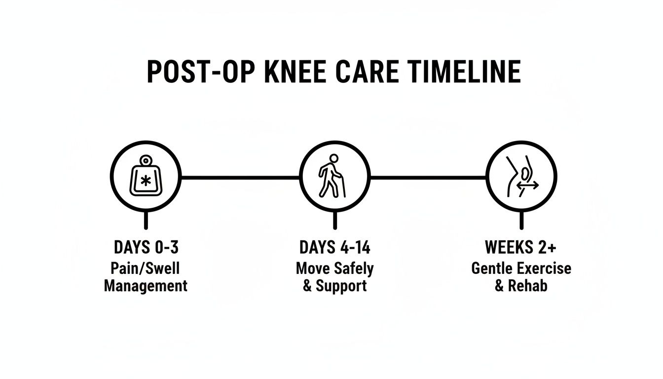 A timeline graphic outlining post-op knee care phases: pain management, safe movement, and gentle exercise/rehab.