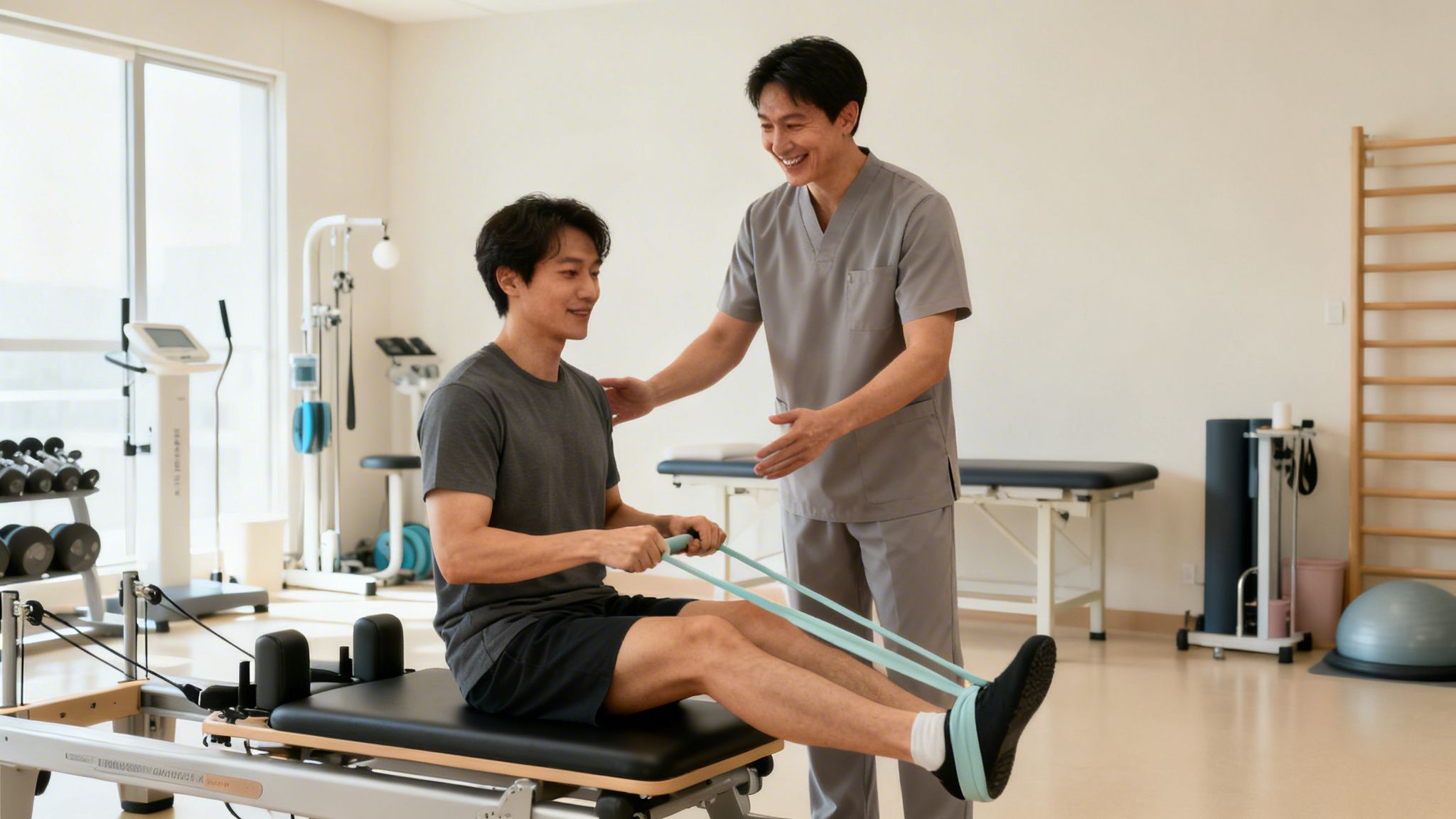 A physical therapist guides a smiling male patient doing resistance band exercises on a reformer.