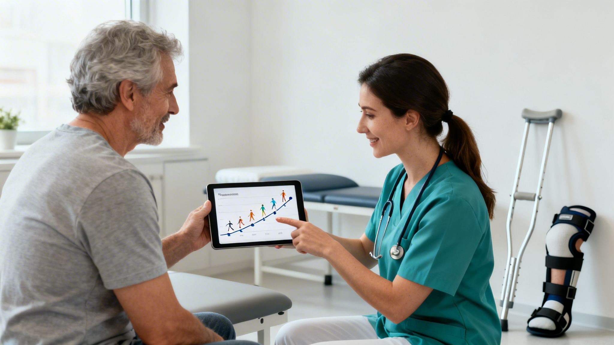 Smiling patient and therapist reviewing rehabilitation progress chart on a tablet in a clinic.