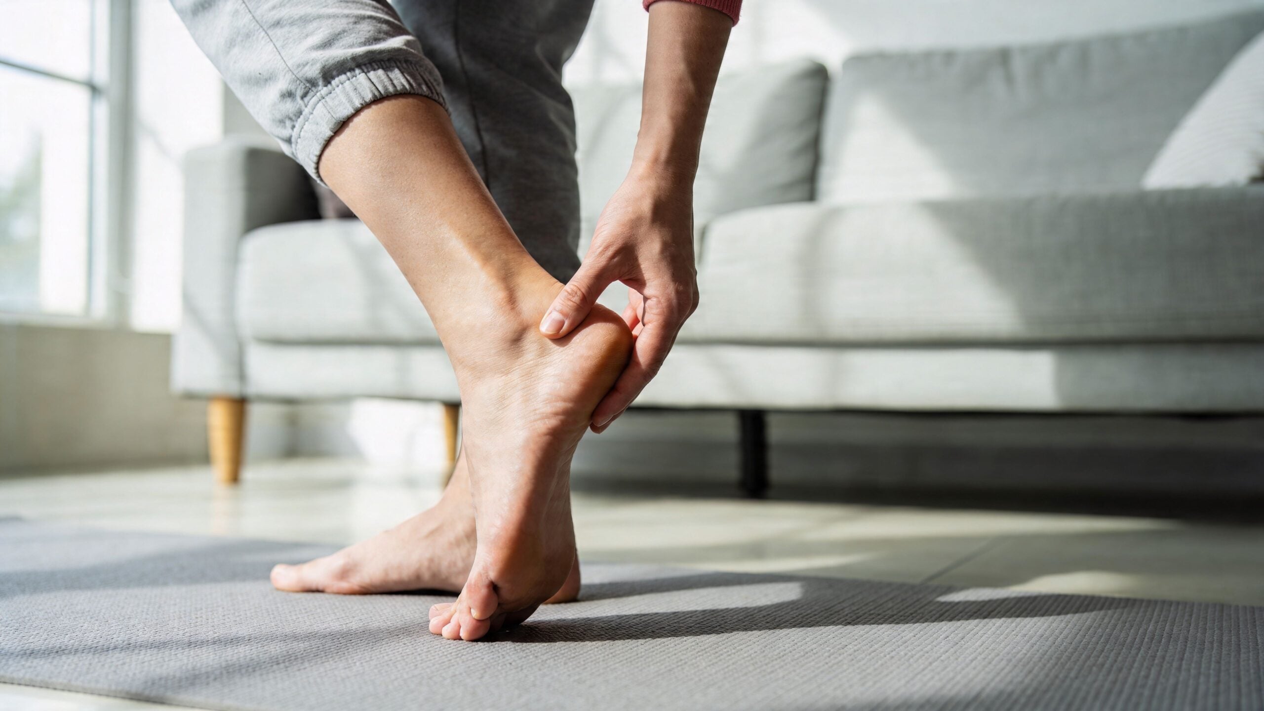 A person standing on a yoga mat holding their painful heel with their hand at home.