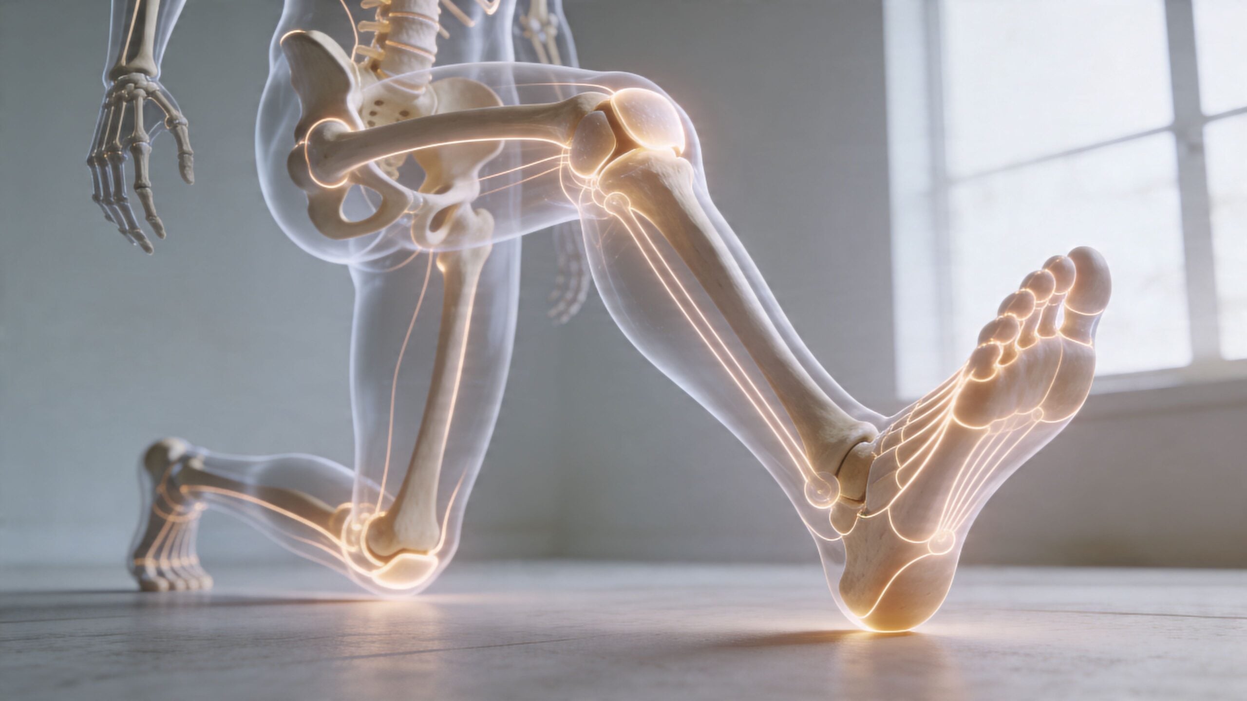 A 3D anatomical visualization of a human skeleton showing the leg and foot bones during a lunge.