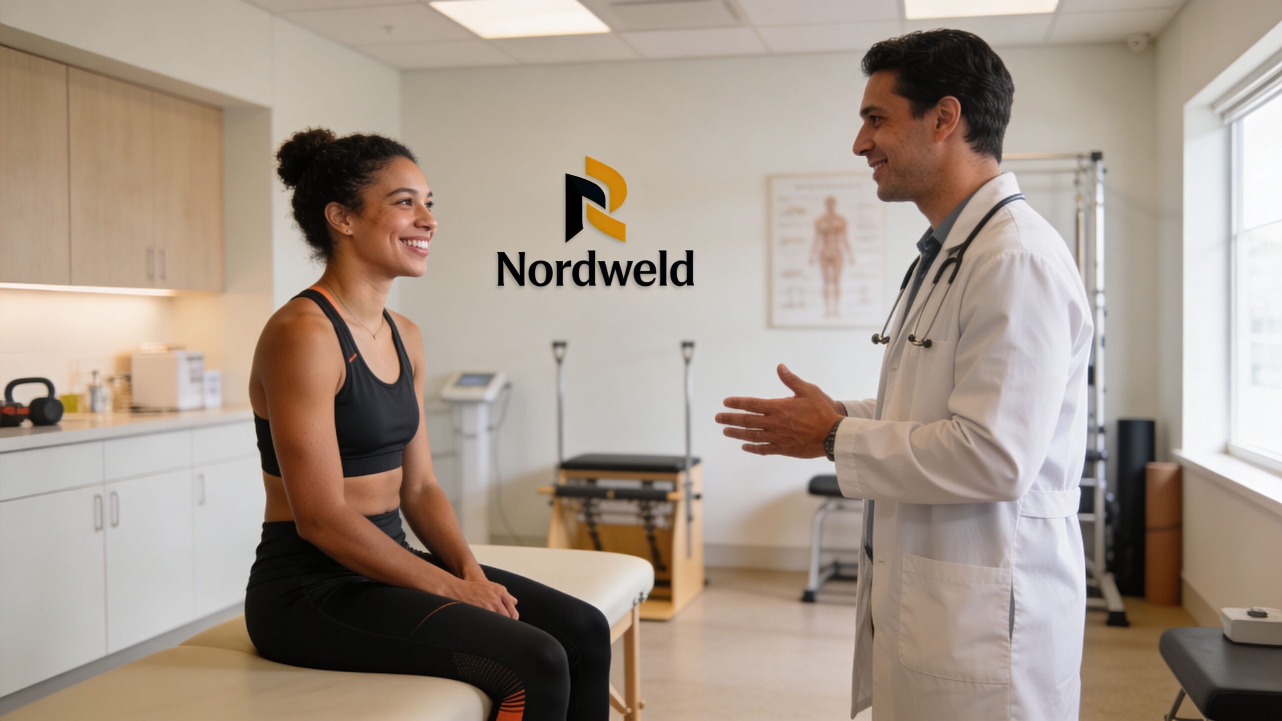 A professional doctor having a consultation with a smiling female patient in a modern physical therapy clinic.