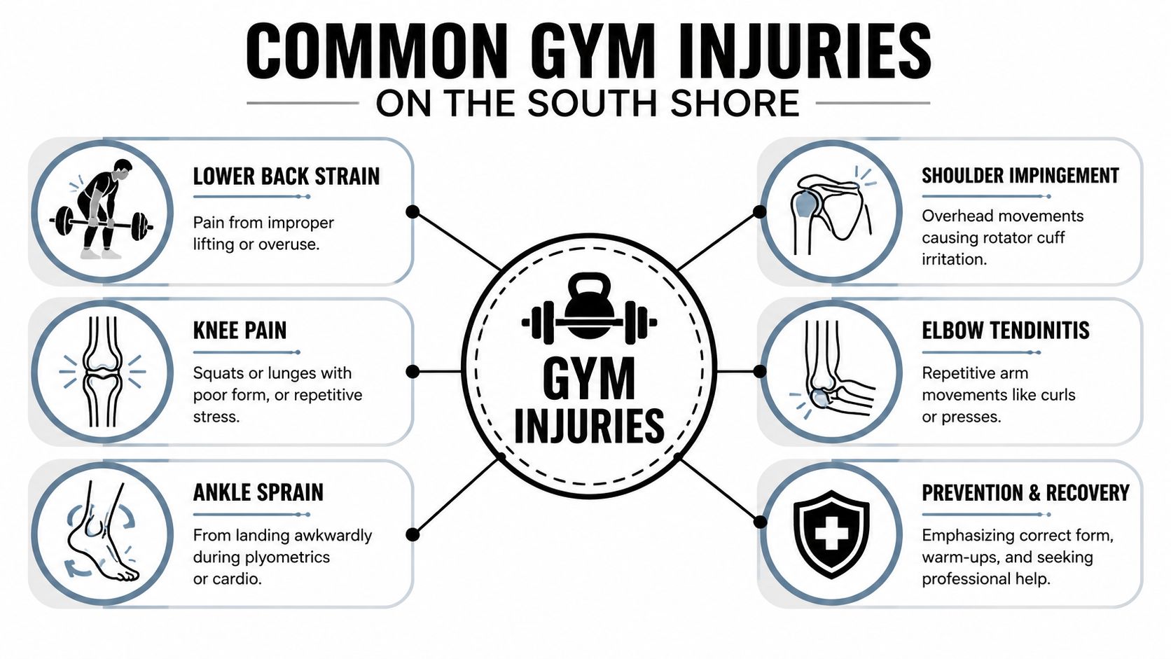 An infographic detailing common gym injuries like back strain, knee pain, and shoulder impingement with prevention tips.