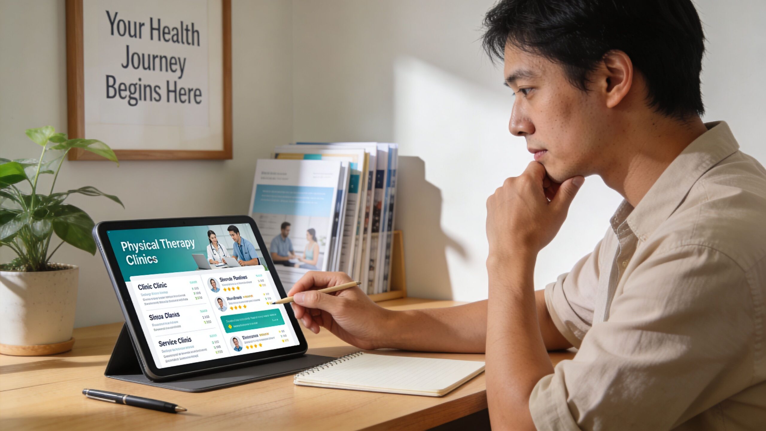 A man looks at a digital tablet displaying physical therapy clinic search results while working at his desk.