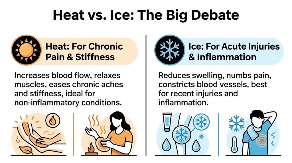 An infographic comparing the benefits of using heat therapy for stiffness versus ice for acute injury inflammation.