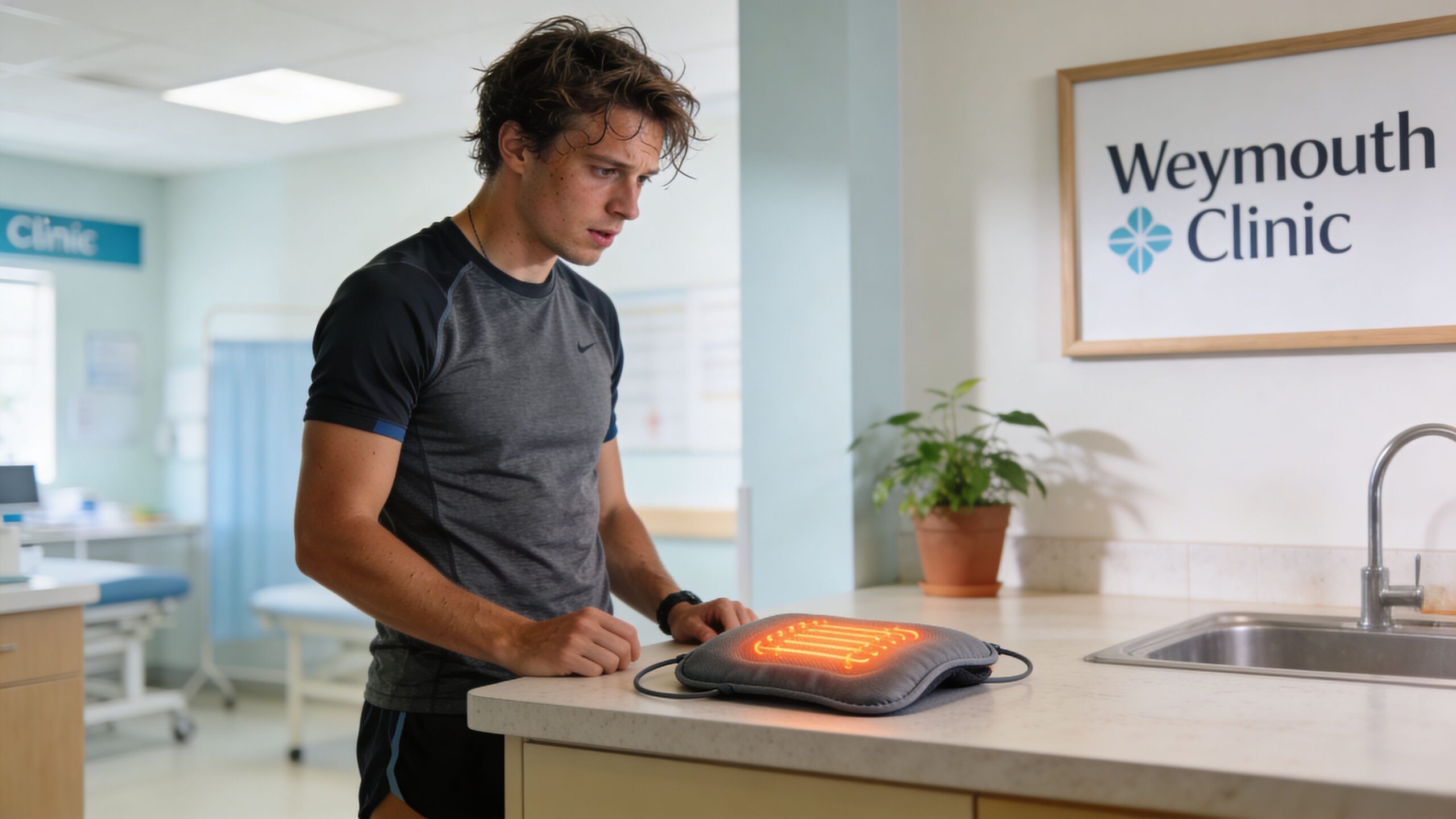 A young athlete looking at a glowing heating pad on a counter at Weymouth Clinic.