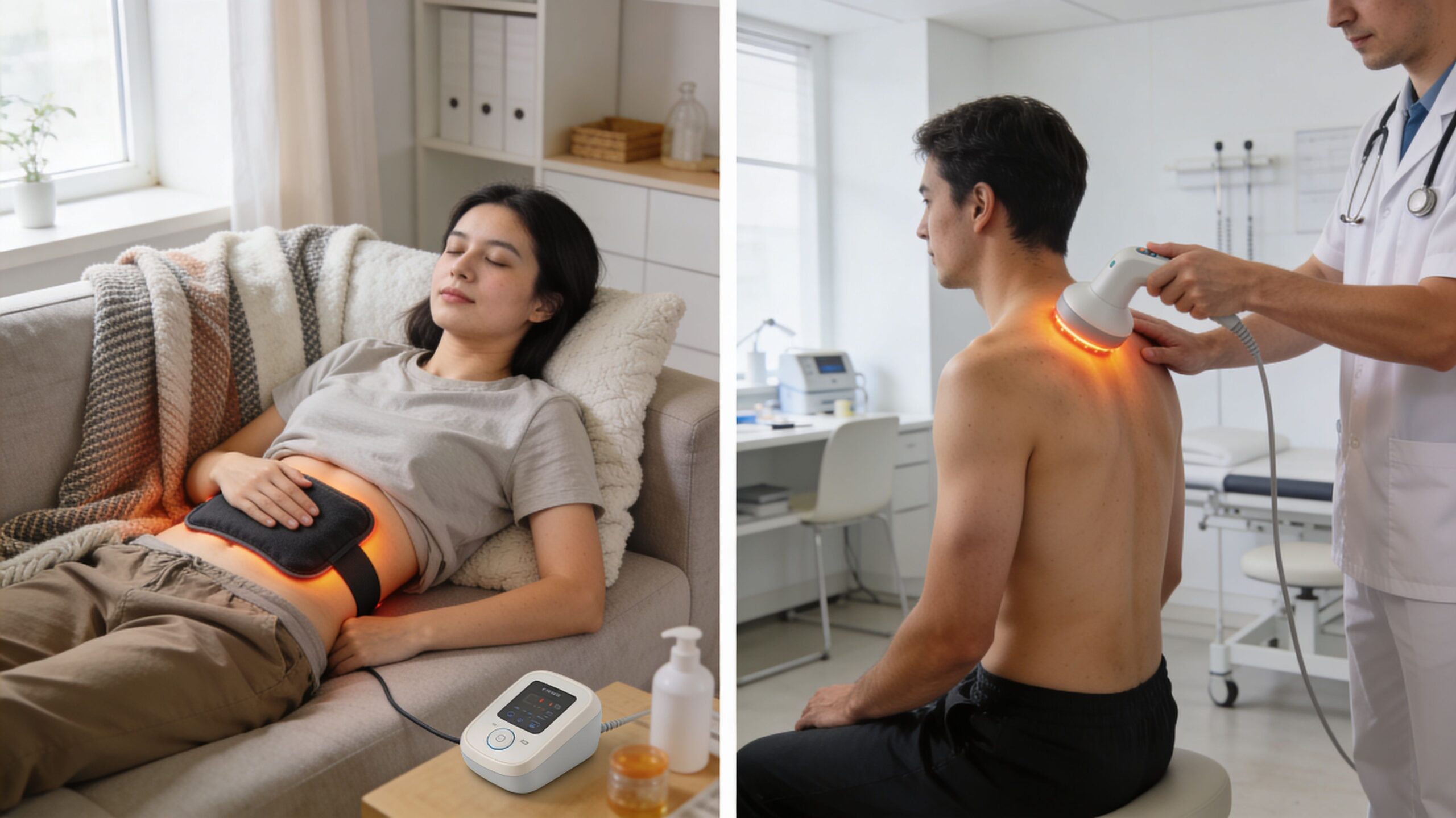 A split-screen image showing a woman using a home heating device and a man receiving professional therapy.