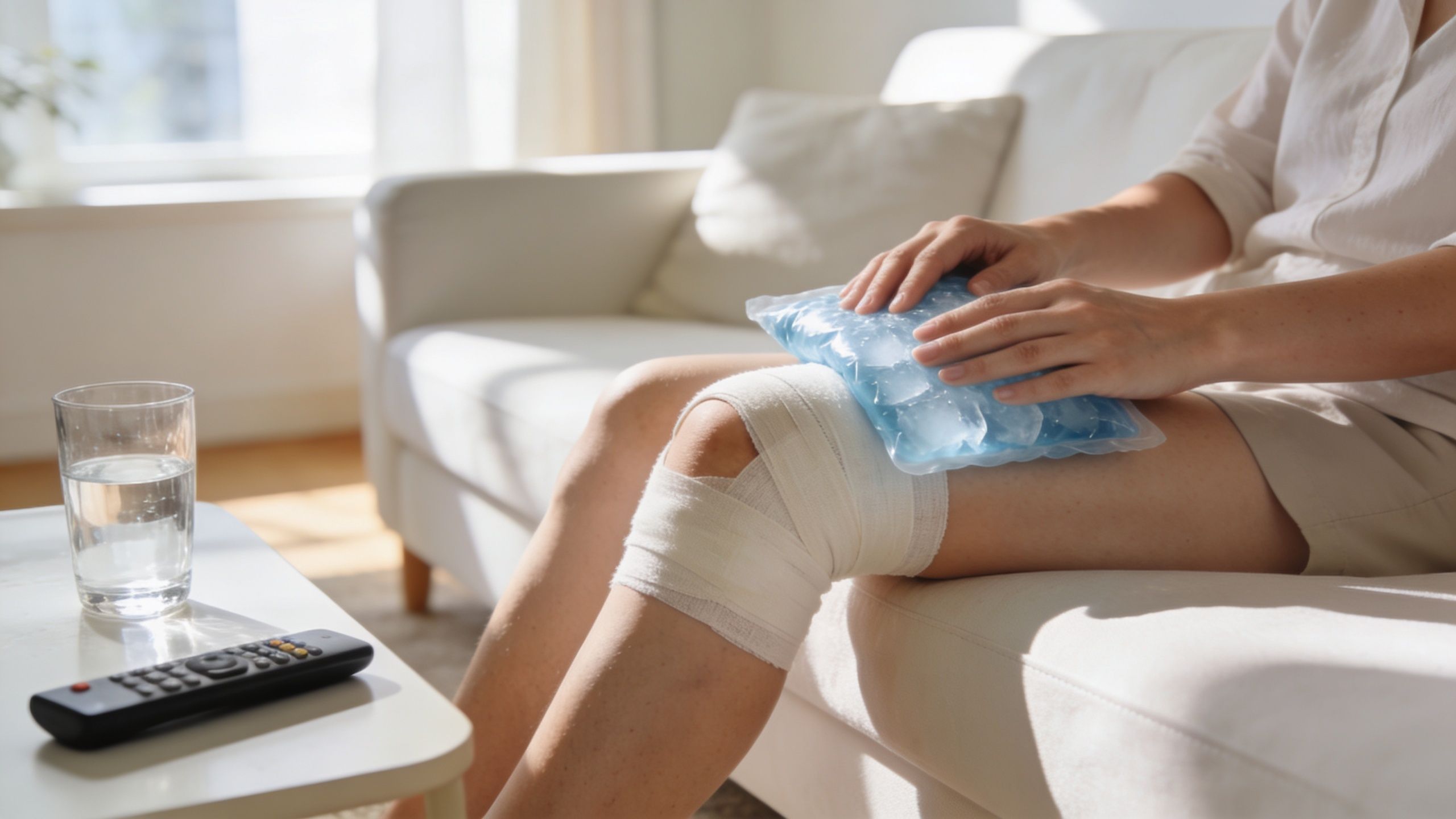 A person resting on a white sofa with an ice pack on their bandaged knee after surgery.