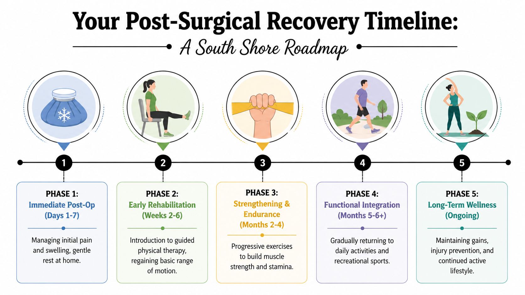 A South Shore post-surgical recovery roadmap infographic showing five phases from immediate care to long-term wellness.