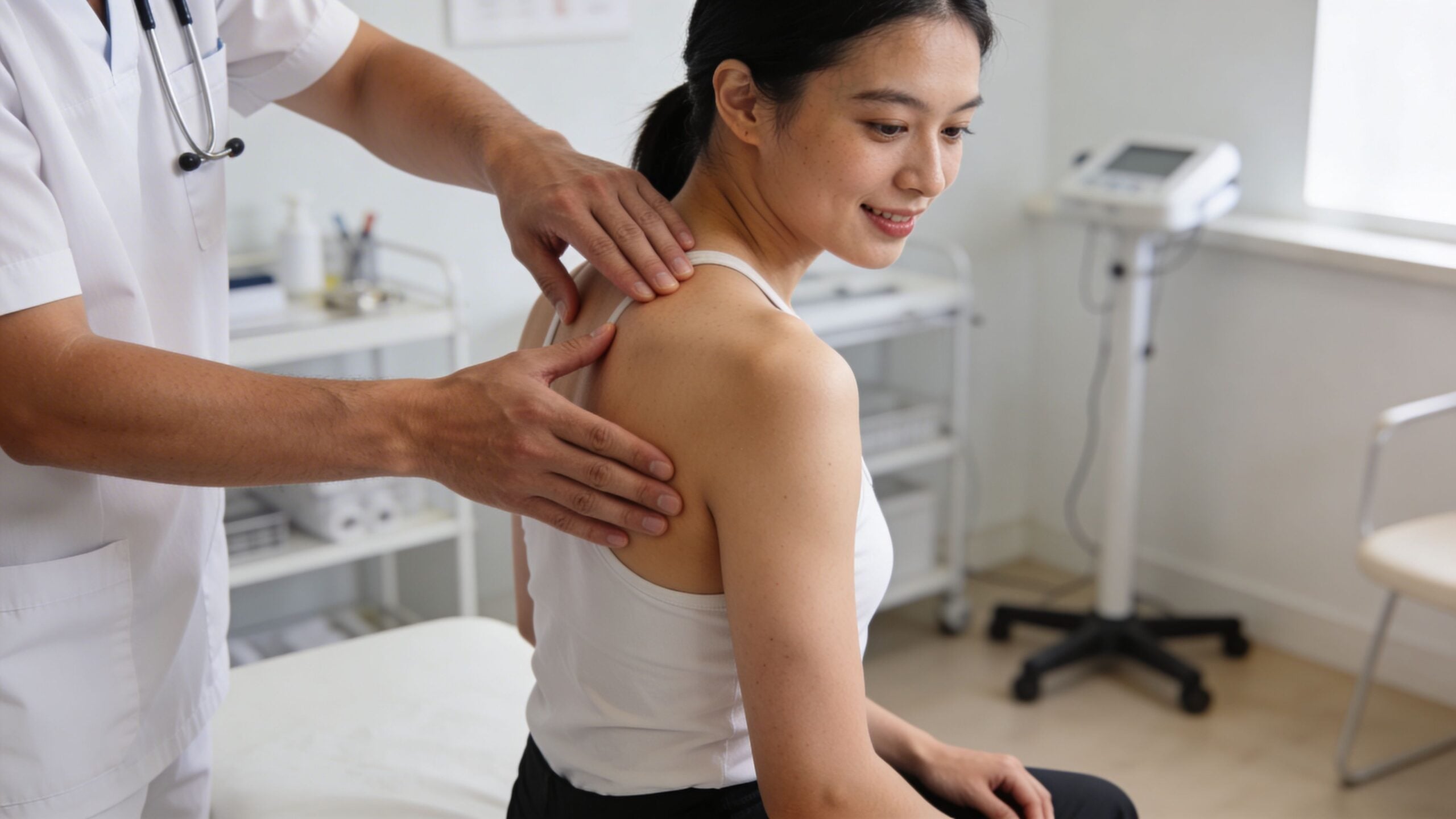 A chiropractor performs a manual physical examination of a young woman's upper back and shoulder blade area.