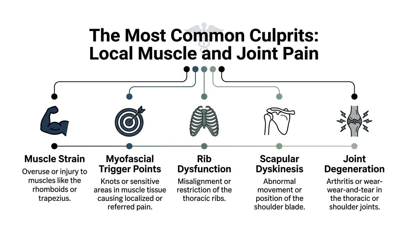 A diagram illustrating common causes of thoracic, muscle, and shoulder pain, including strain and joint degeneration.