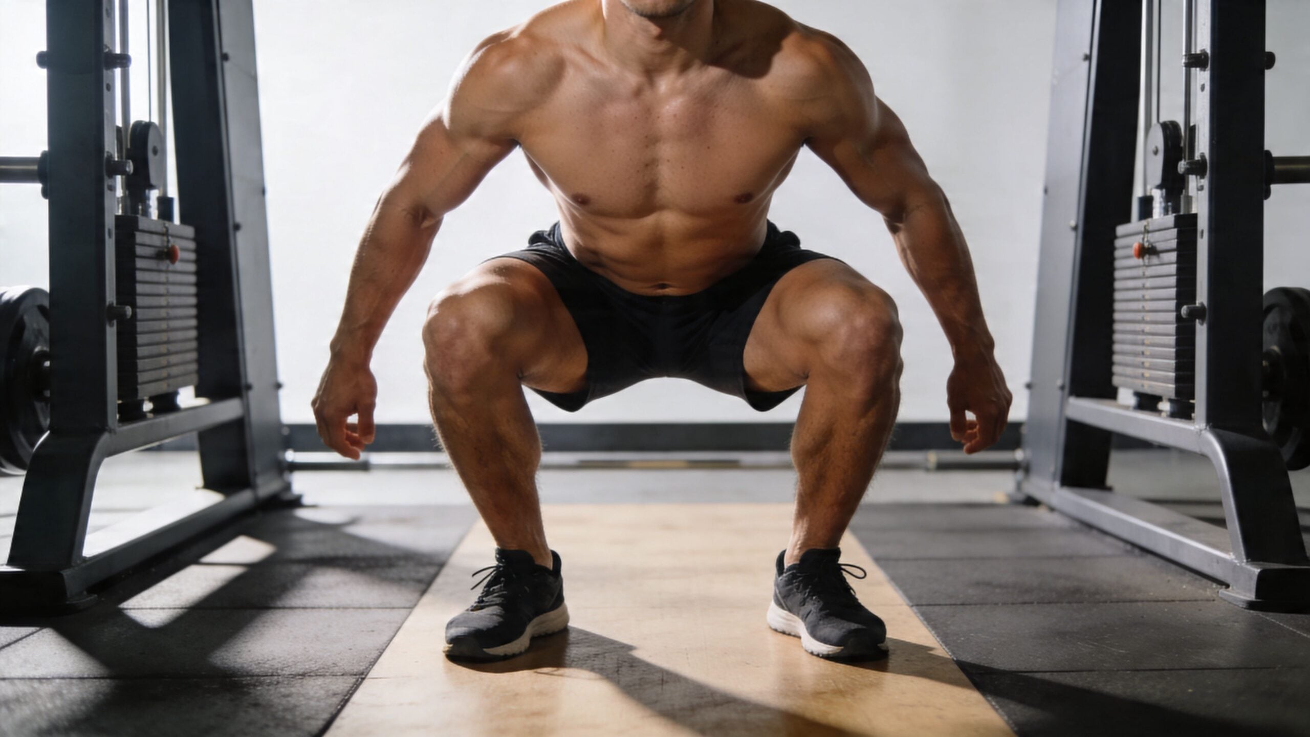 A muscular man performing a deep squat exercise with proper form inside a gym squat rack.
