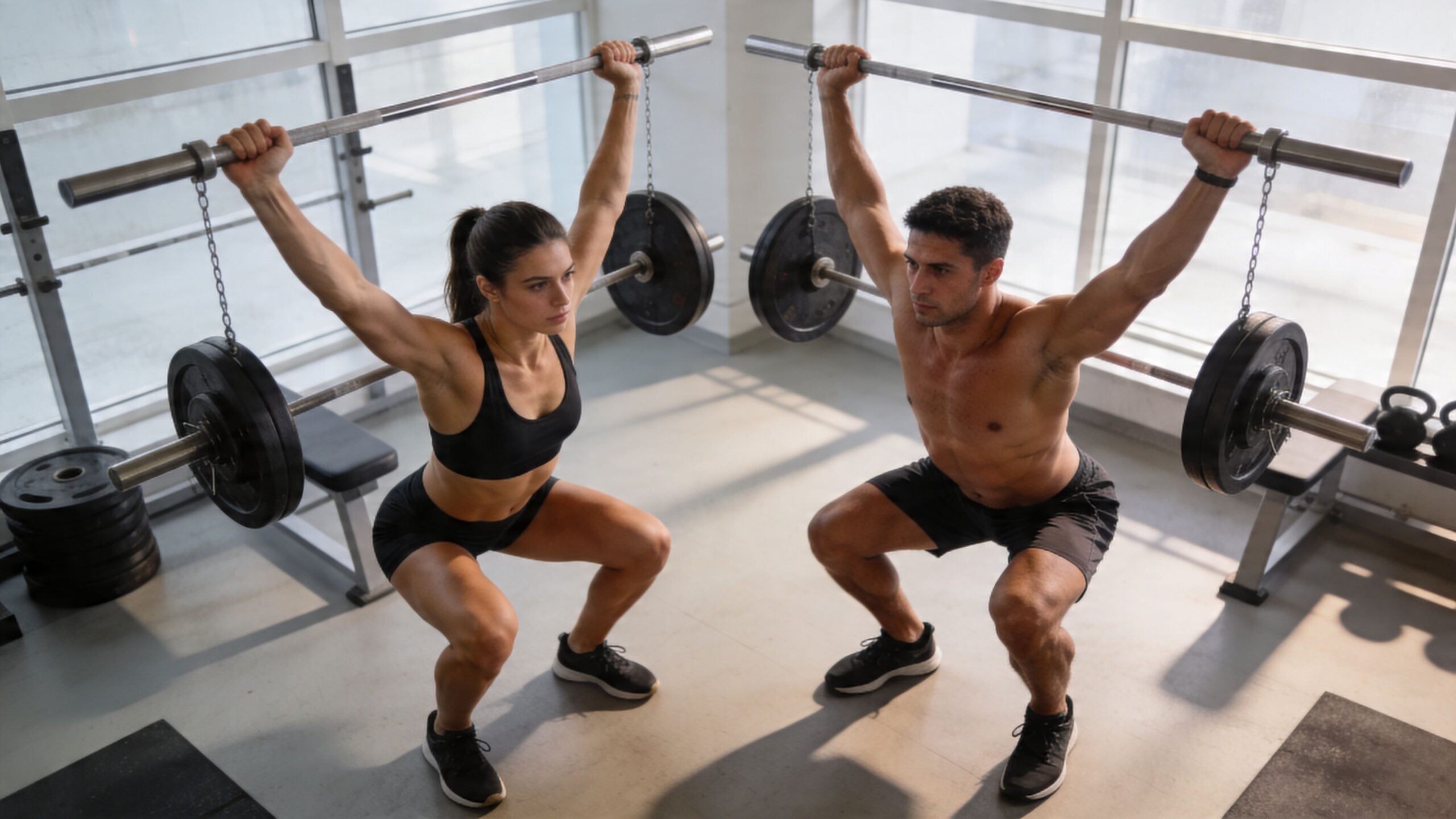 A fit man and woman perform overhead squats with barbells in a bright, modern gym setting.